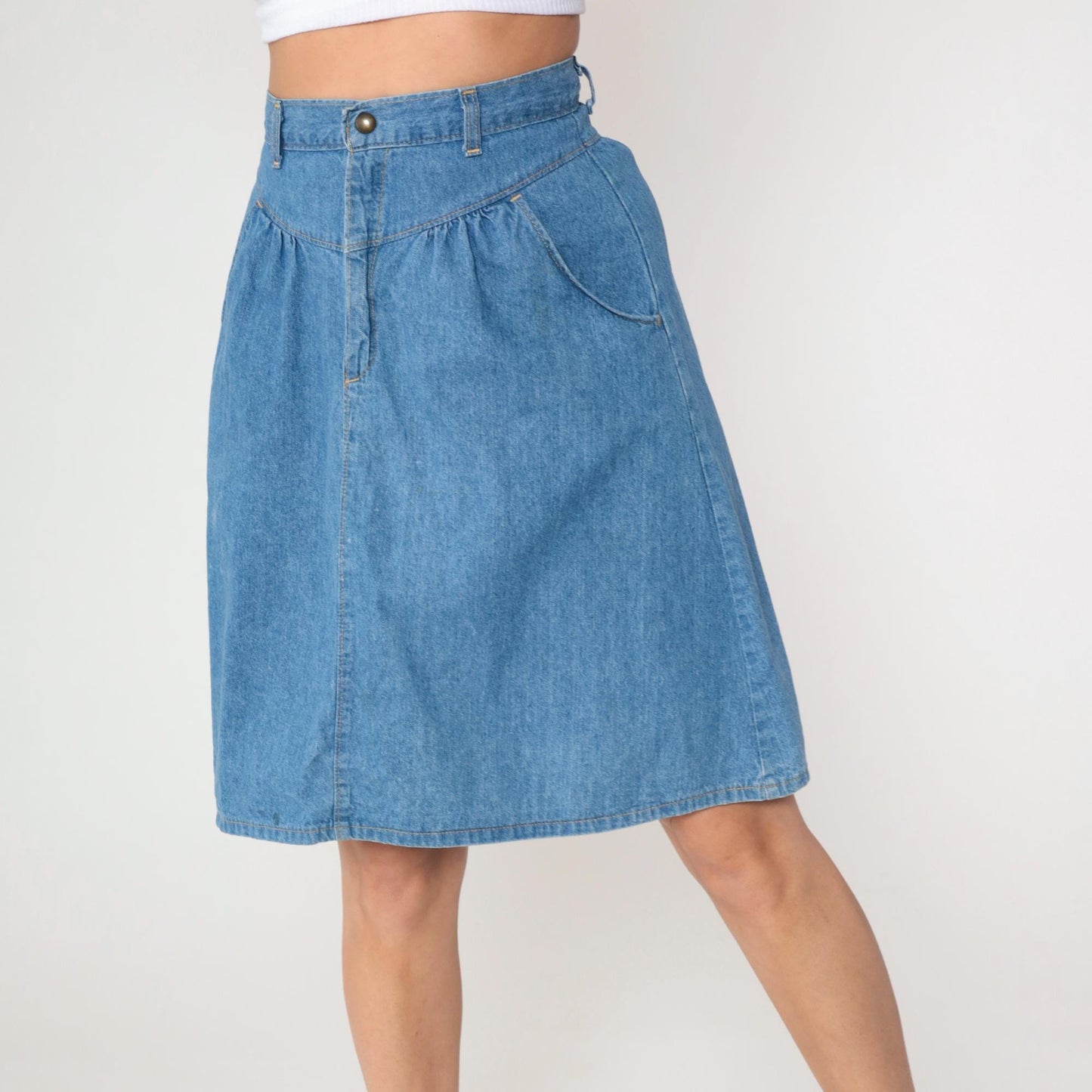 80s Western Denim Mini Skirt High Waist Gathered Yoke Blue Small S