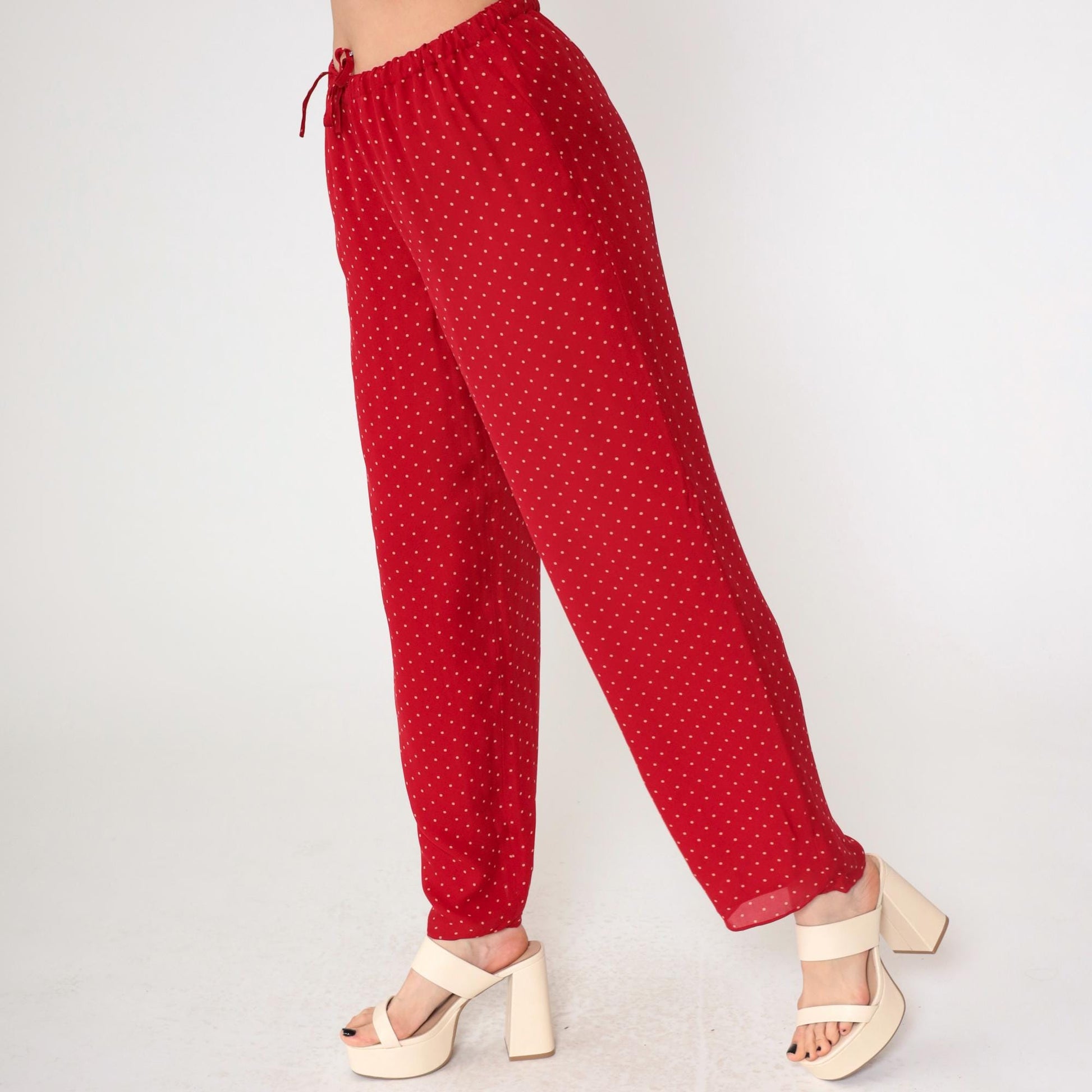 Y2K Ralph Lauren Red Silk Polka Dot Pull-On Trousers Wide Leg Medium M