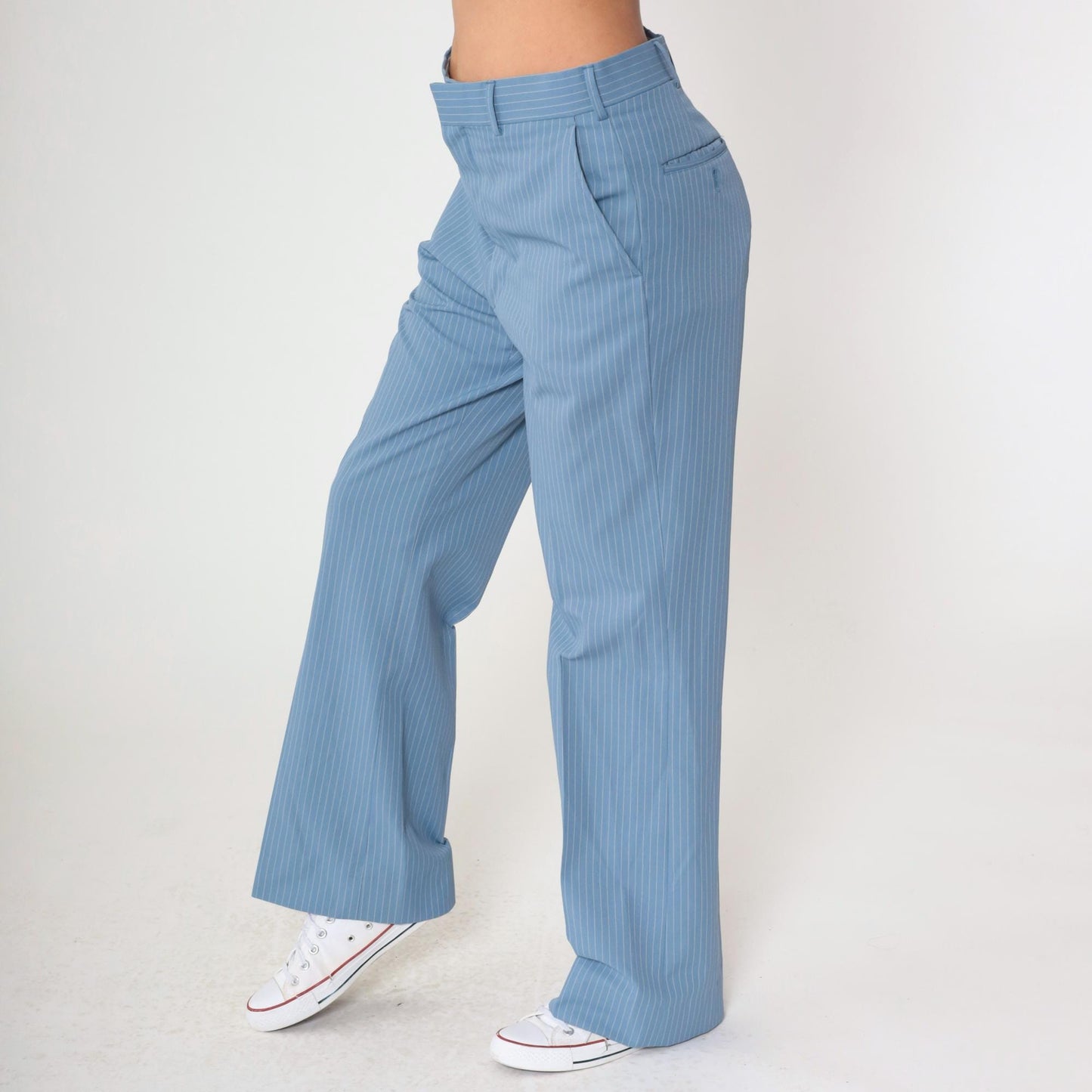 70s Blue Pinstripe Straight Leg Trousers High Waist White Stripes Men's Medium 32
