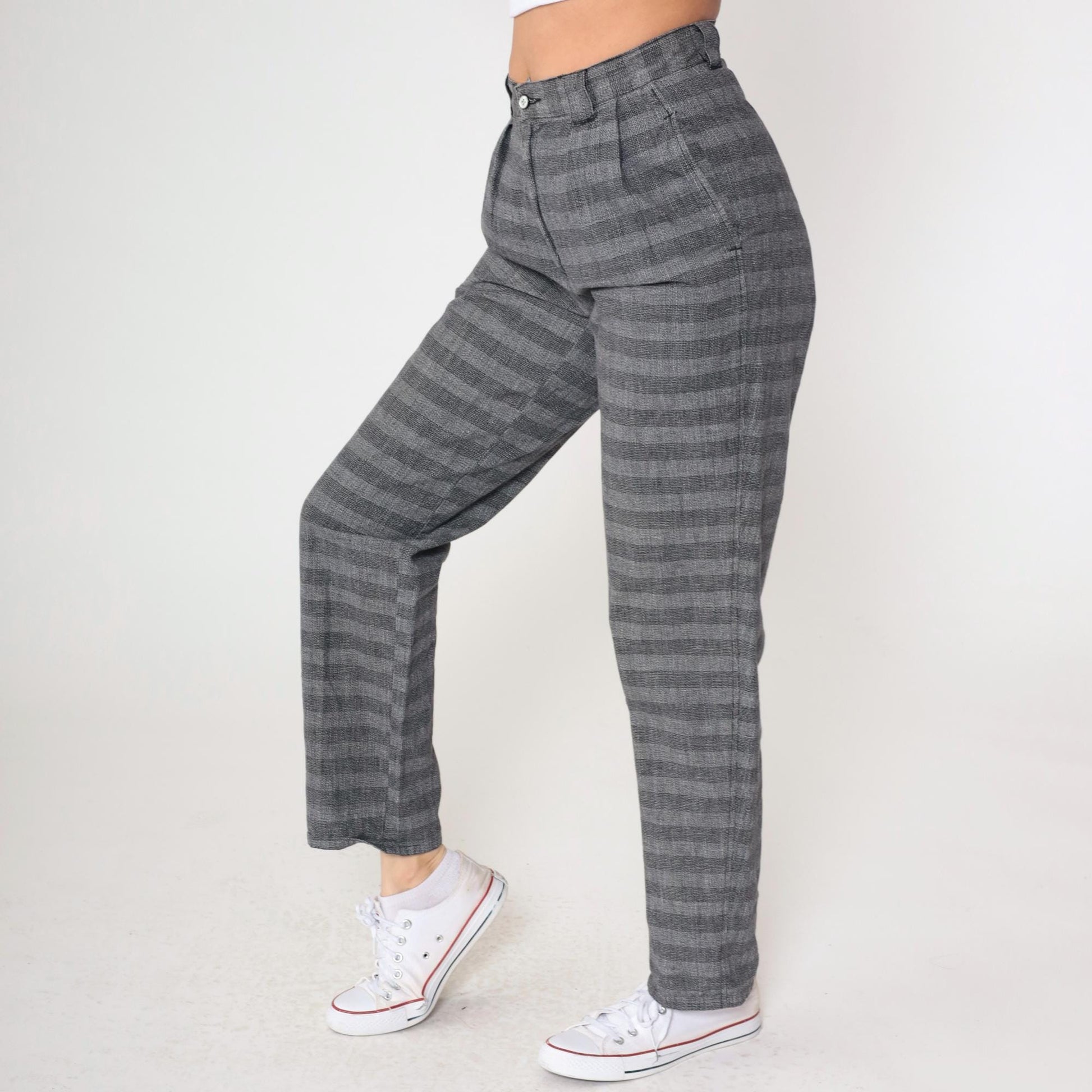 80s Generra Grey Striped Pleated Trousers High Waist Tapered Cotton Small