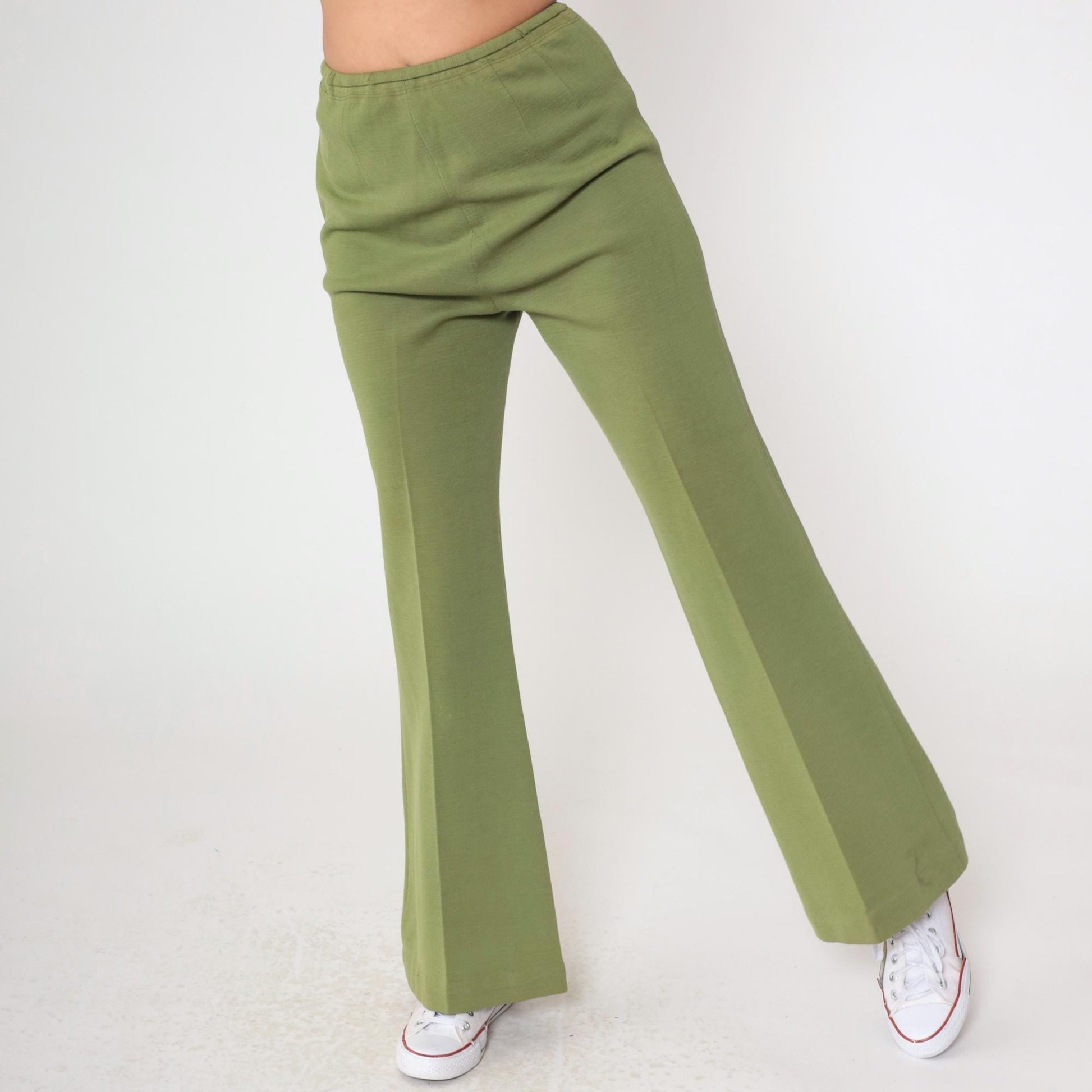 60s Zephyr Wool Flared Trousers Green High Rise Side Zip Small