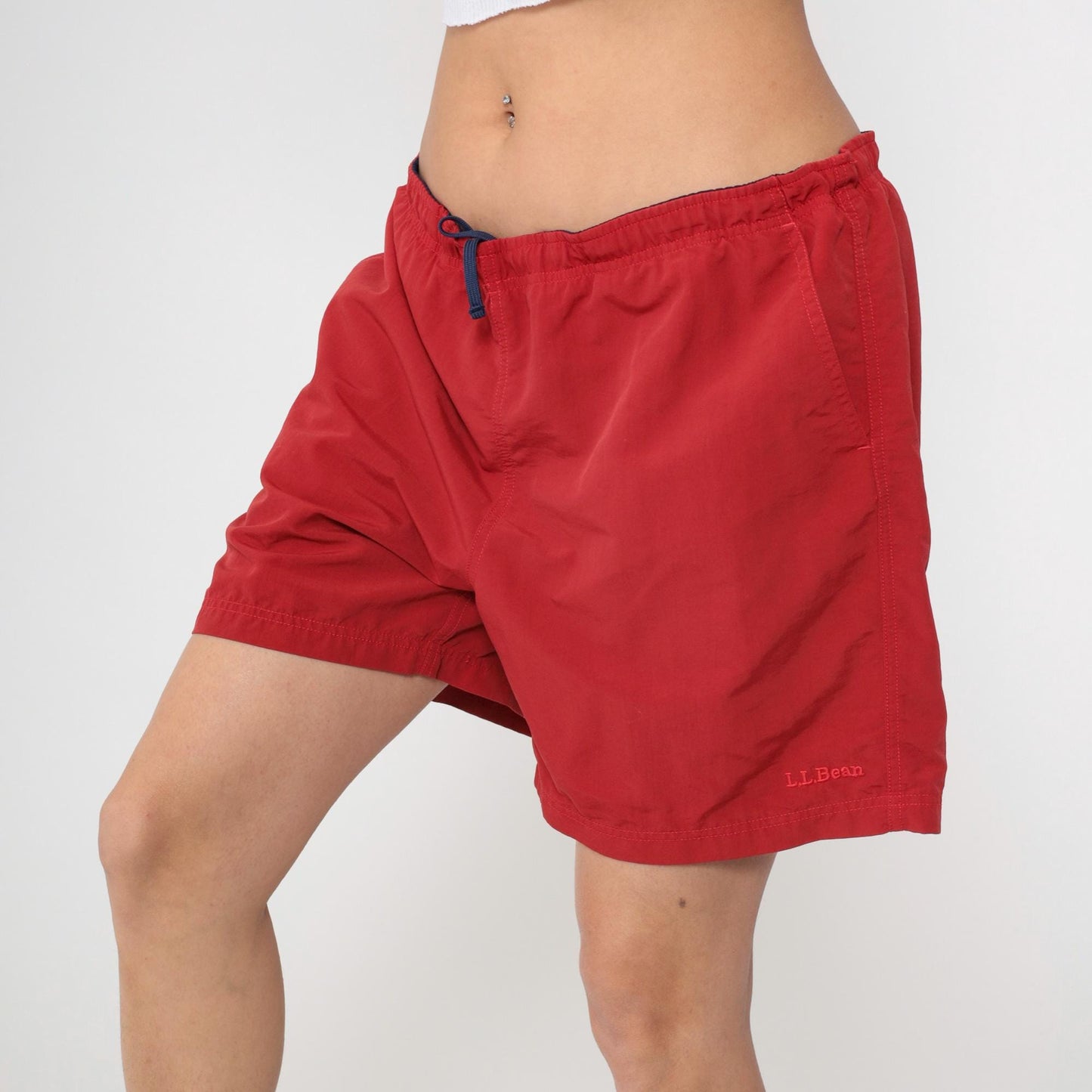 Y2K L.L. Bean Red Nylon Swim Trunks Drawstring Waist Men's Large L