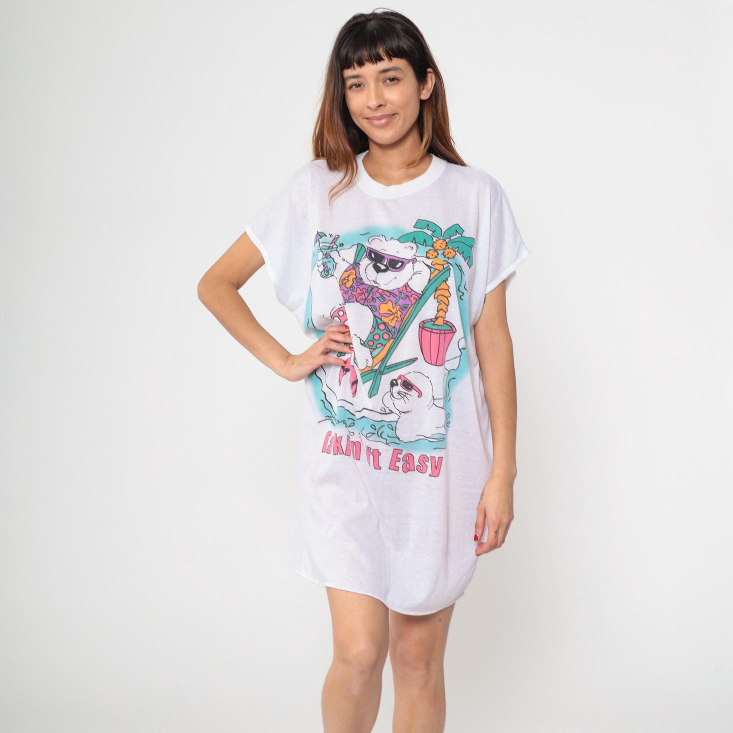 80s Tropical Beach Graphic T-Shirt Dress Bear Seal White Burnout One Size