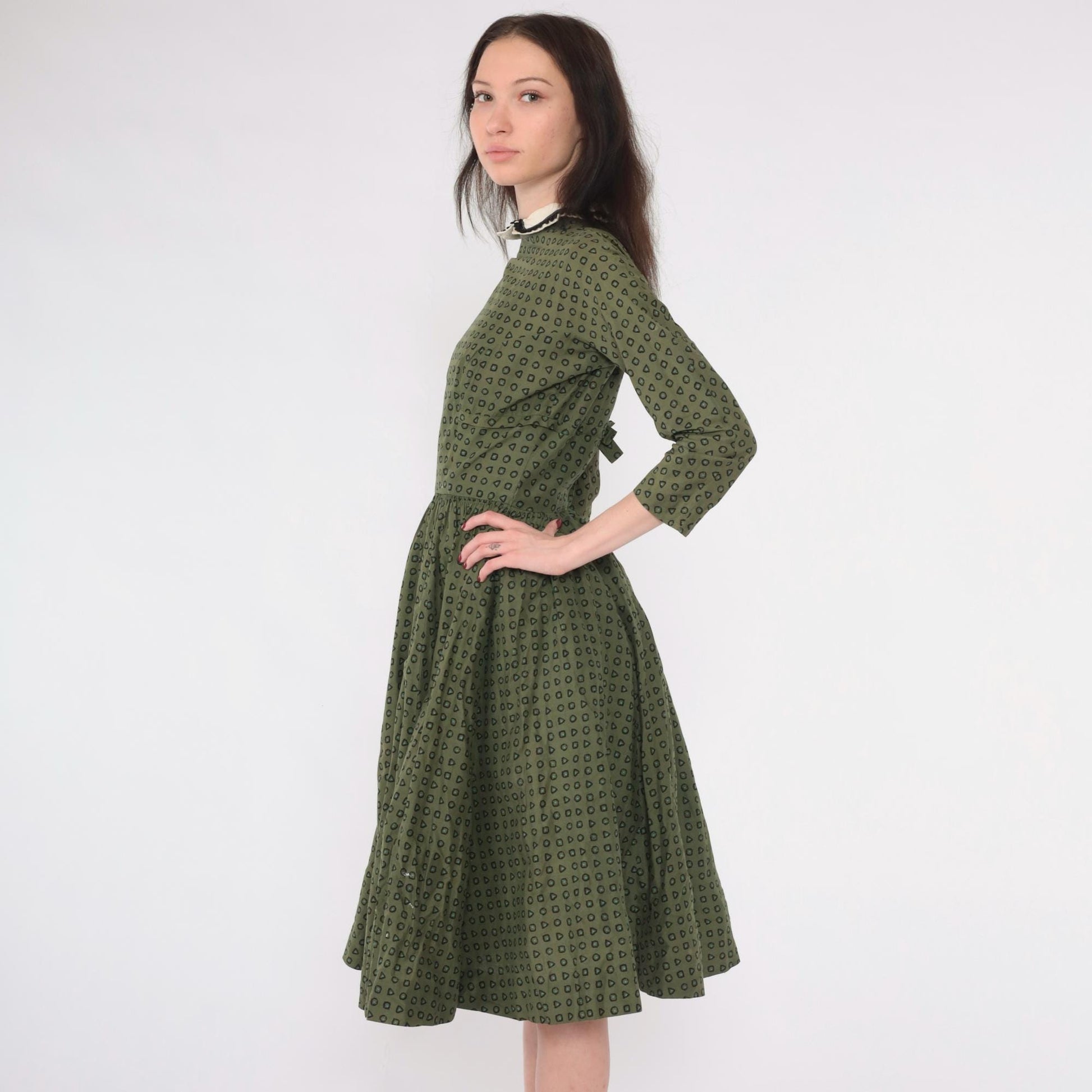 1950s L'Aiglon Fit Flare Dress Olive Green Geometric Peter Pan Collar Midi Extra Small