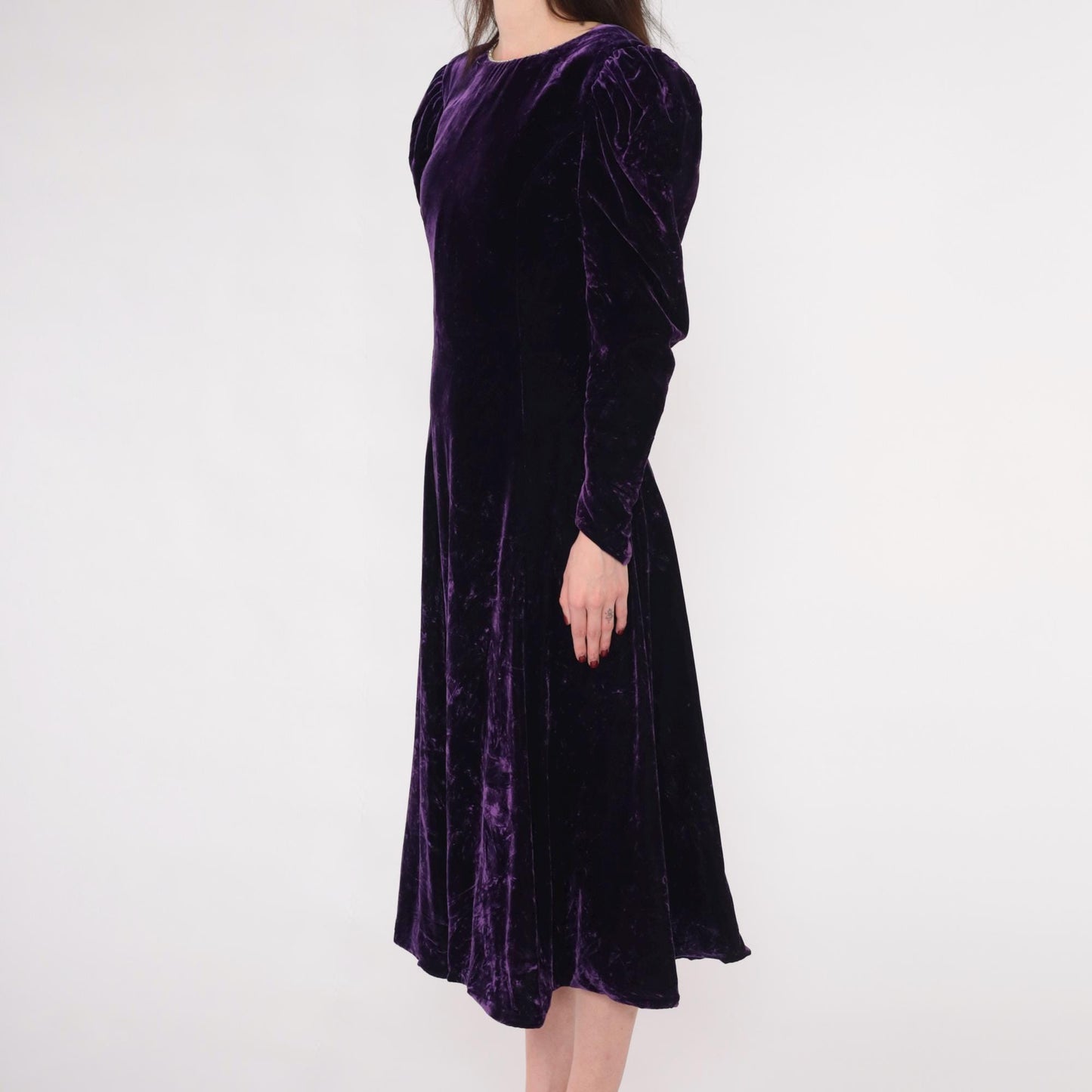 80s Purple Velvet Midi Dress Puff Sleeve A-Line Rhinestone V-Back Extra Small