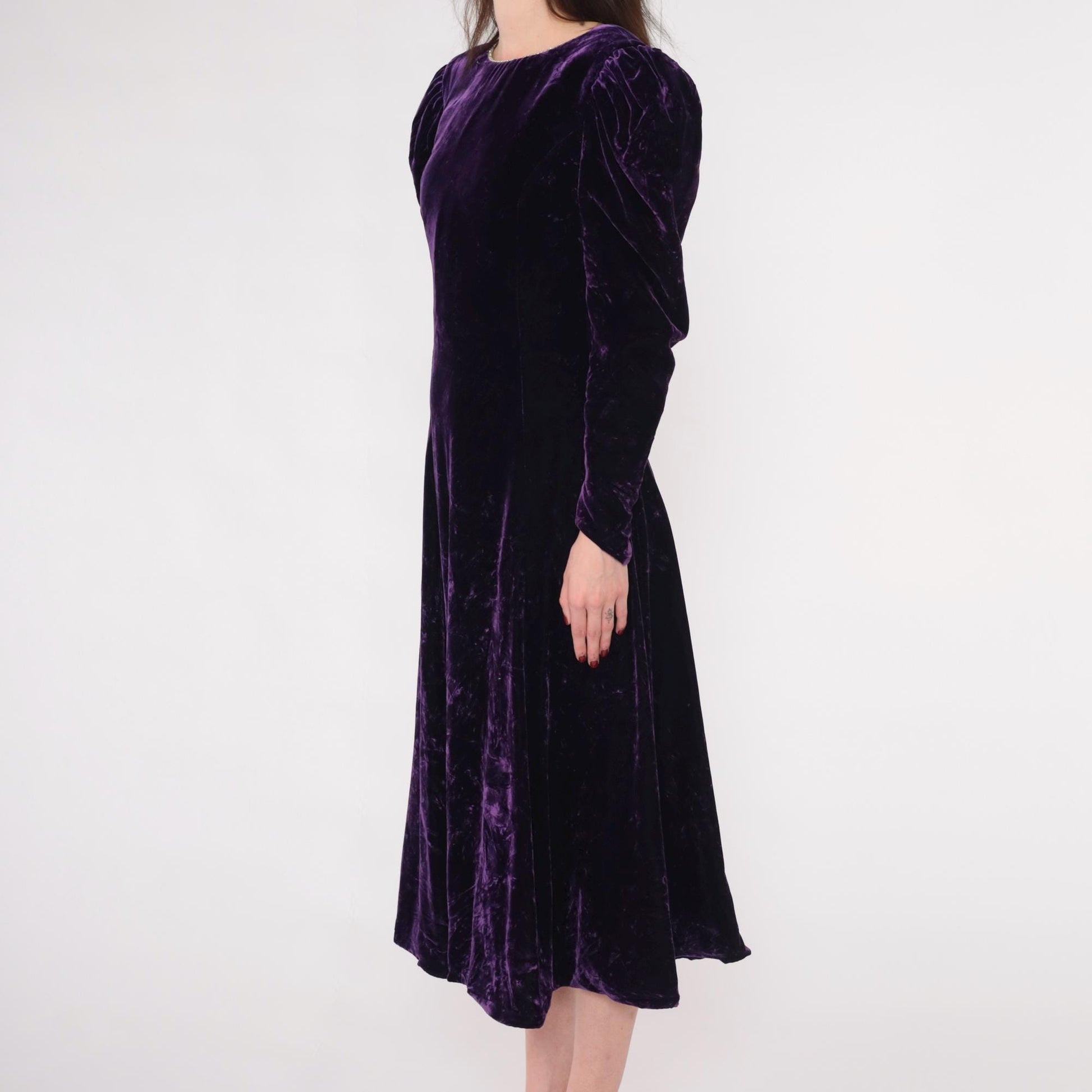 80s Purple Velvet Midi Dress Puff Sleeve A-Line Rhinestone V-Back Extra Small