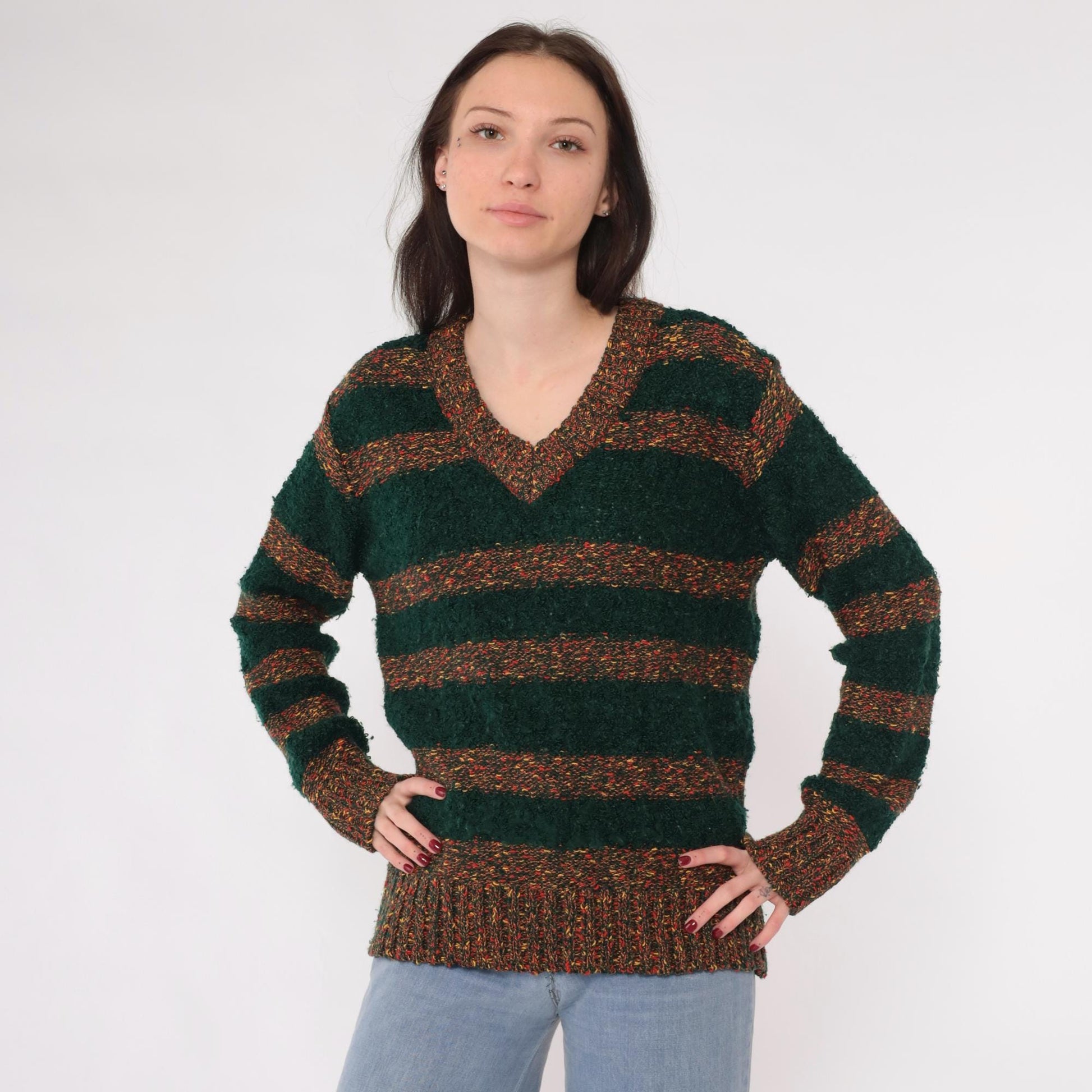 80s Left Bank Forest Green Striped Slub Knit Sweater V-Neck Medium M