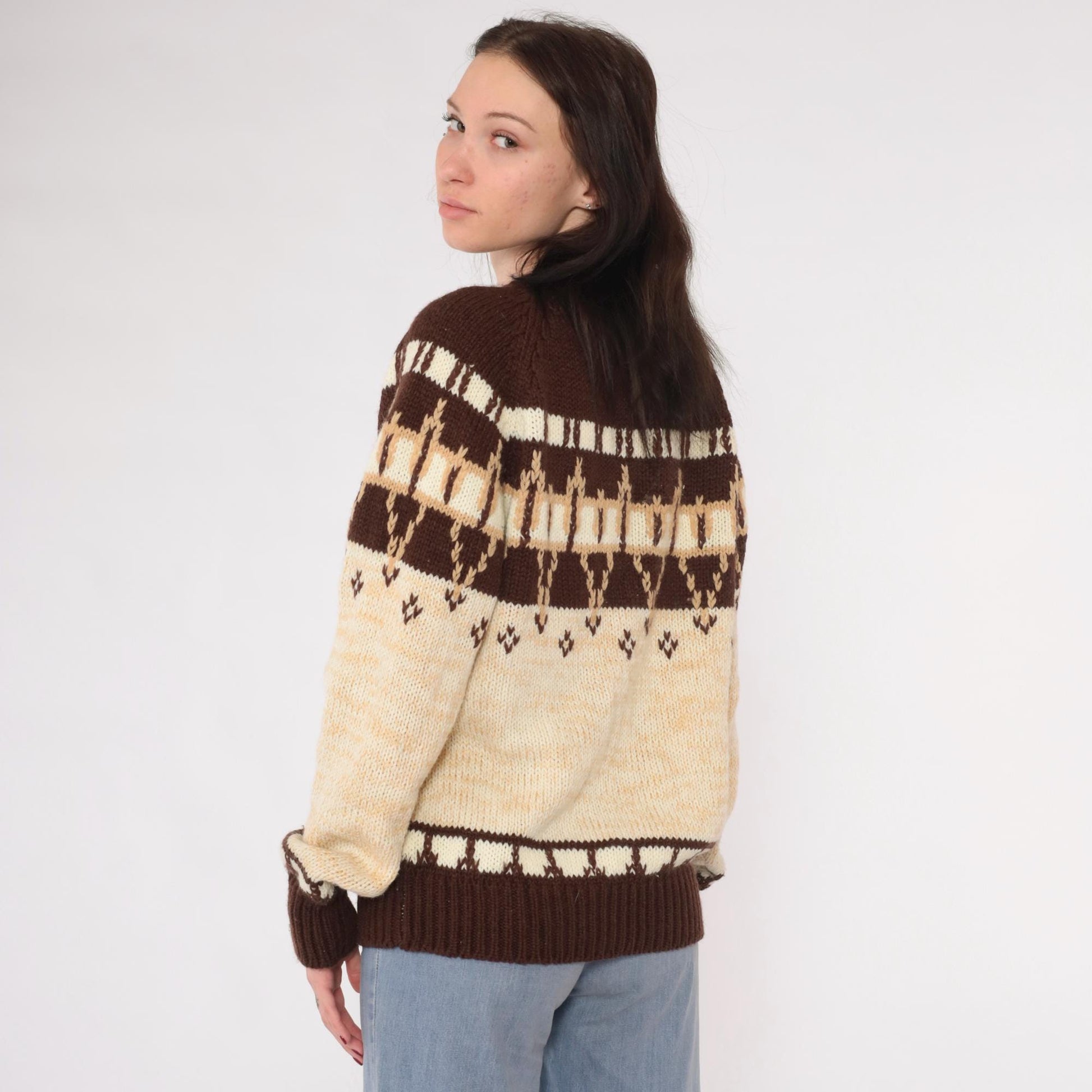 80s Nordic Geometric Knit Sweater Brown Cream Marled Pullover Medium