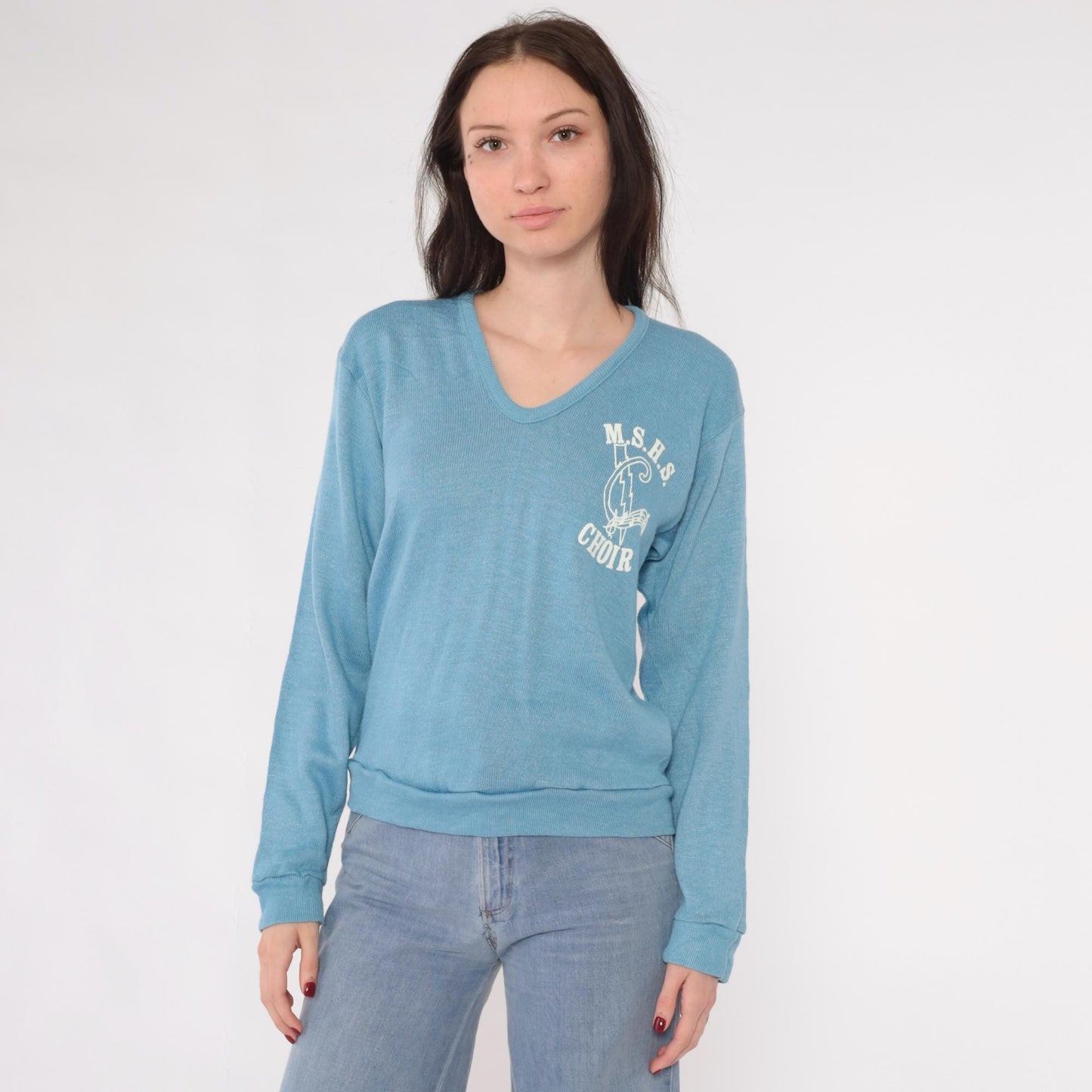80s MSHS Choir V-Neck Sweater Light Blue Graphic Knit Pullover Small