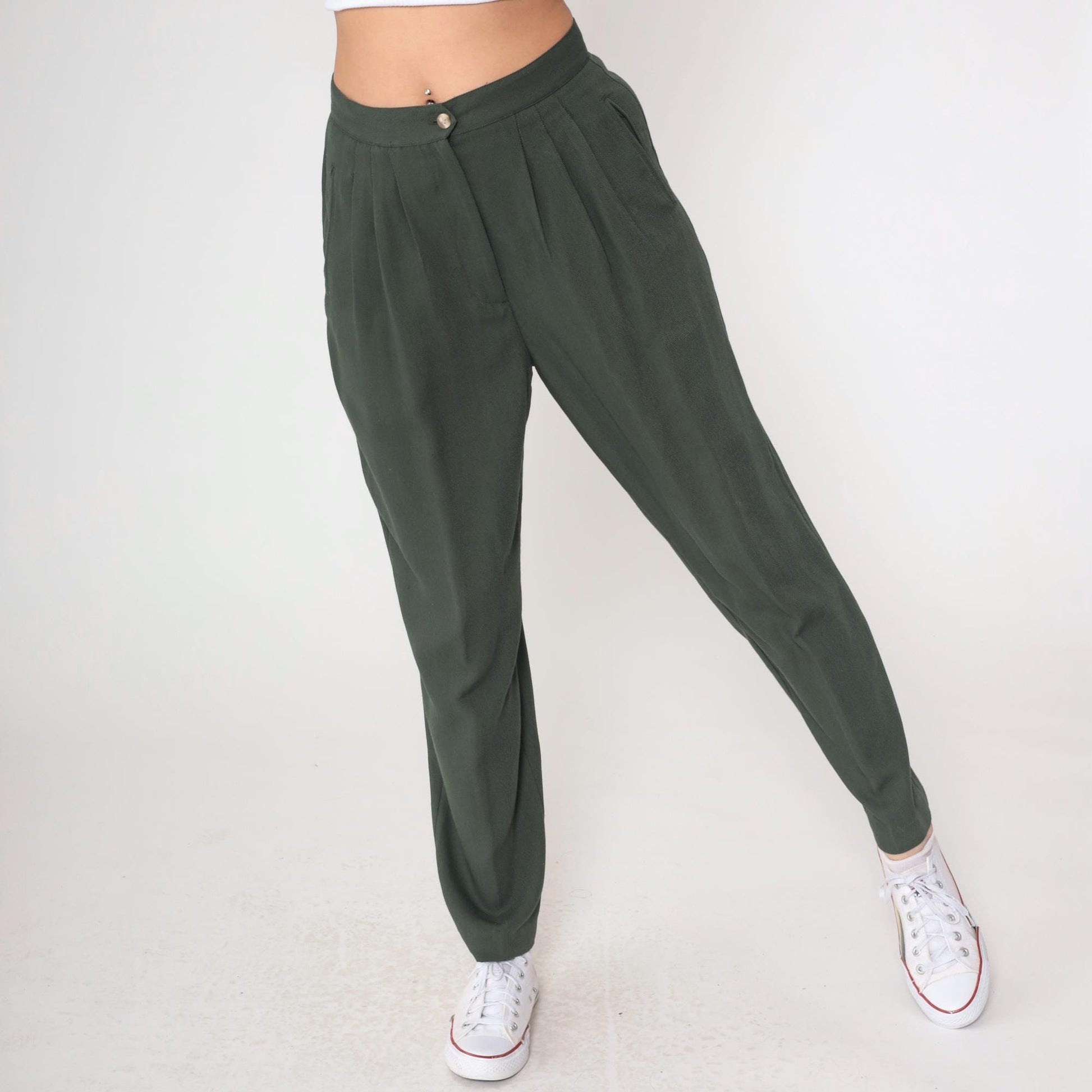 Y2K Dark Green Pleated High-Waist Trousers Straight Leg Medium