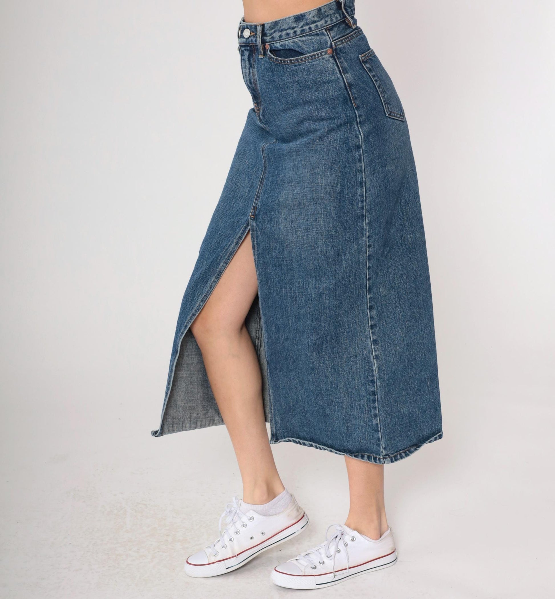 Y2K Gap Denim Midi Skirt High Front Slit Blue Jean Small 4
