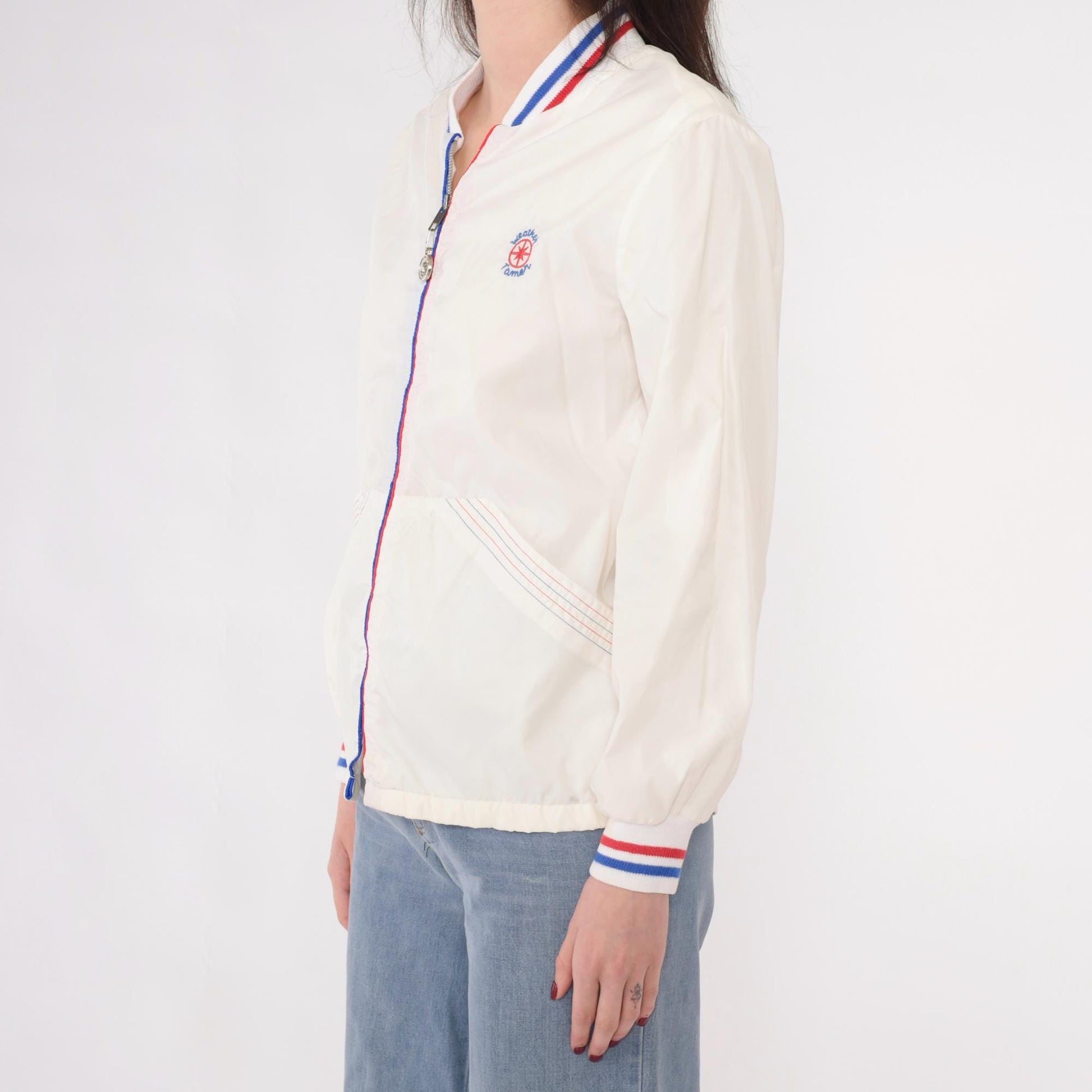 70s Weather Tamer Windbreaker Jacket White Striped Zip-Up Small S