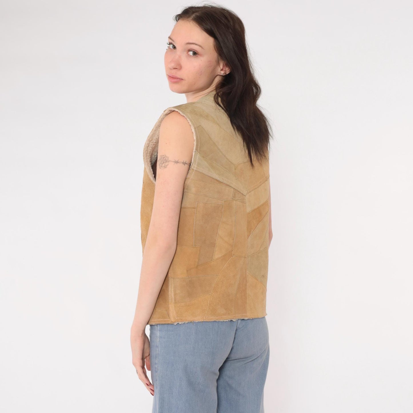 70s Tan Patchwork Suede Vest Sherpa Lined Snap Front Sleeveless Small