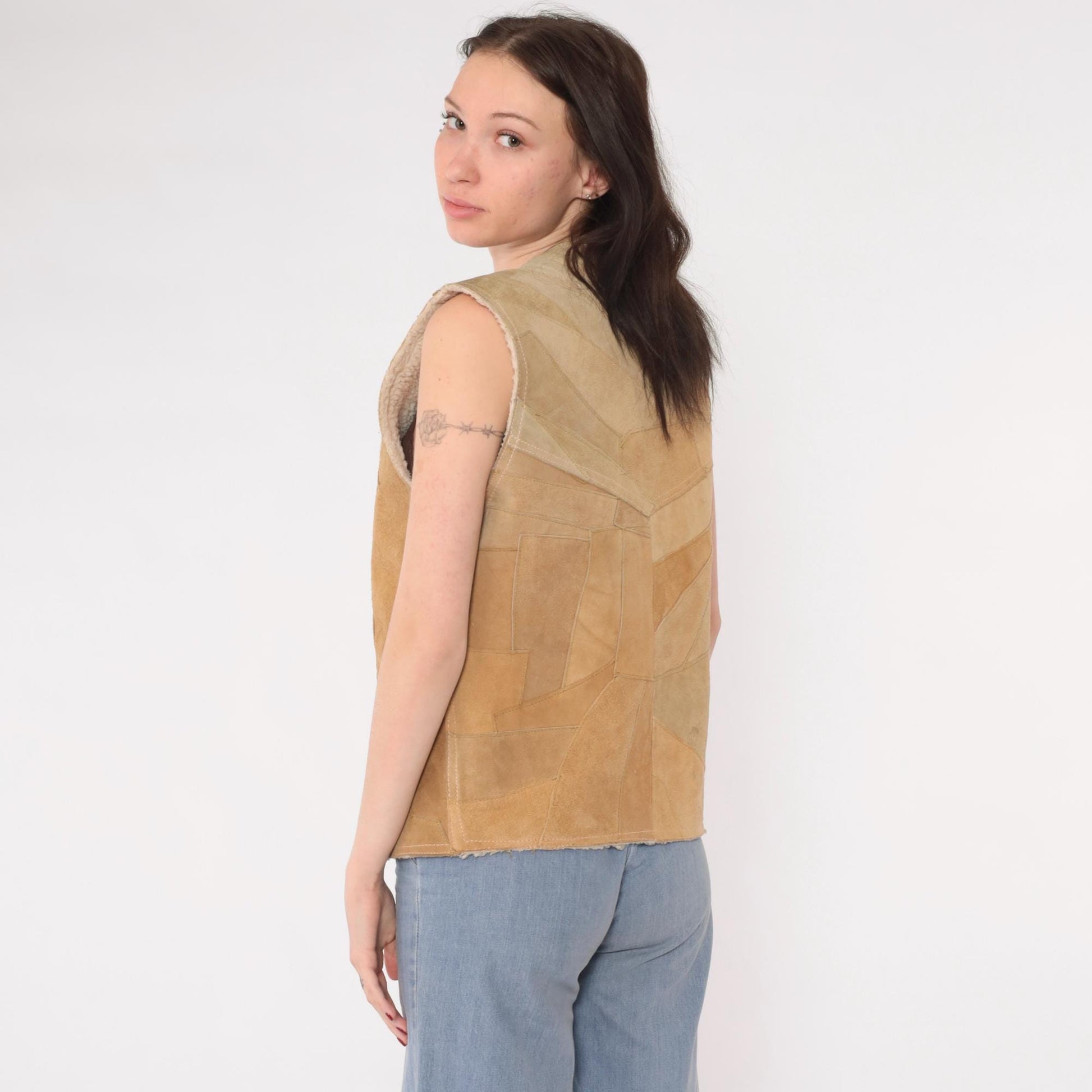 70s Tan Patchwork Suede Vest Sherpa Lined Snap Front Sleeveless Small