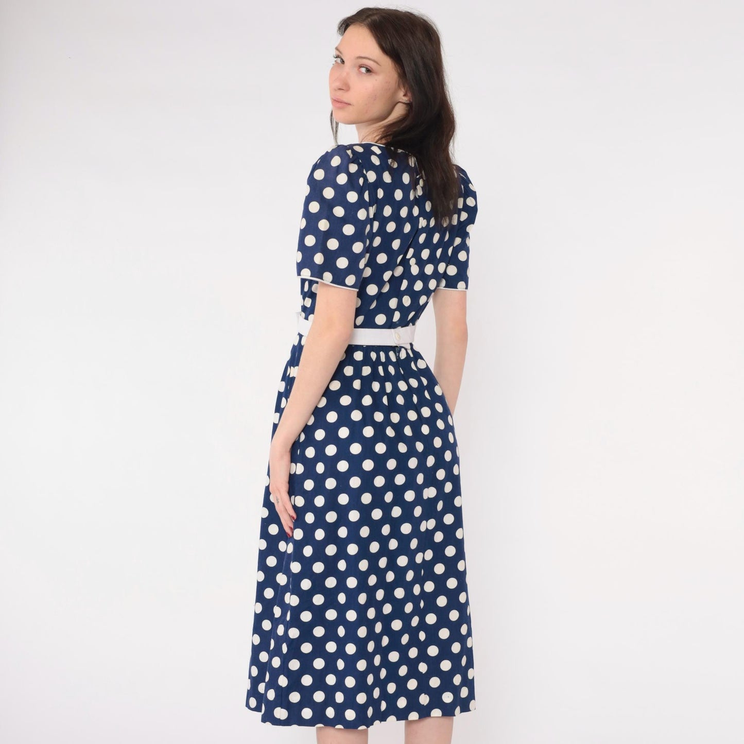 80s Lanz Originals Polka Dot Midi Dress Puff Sleeve Navy Bow Waist Extra Small