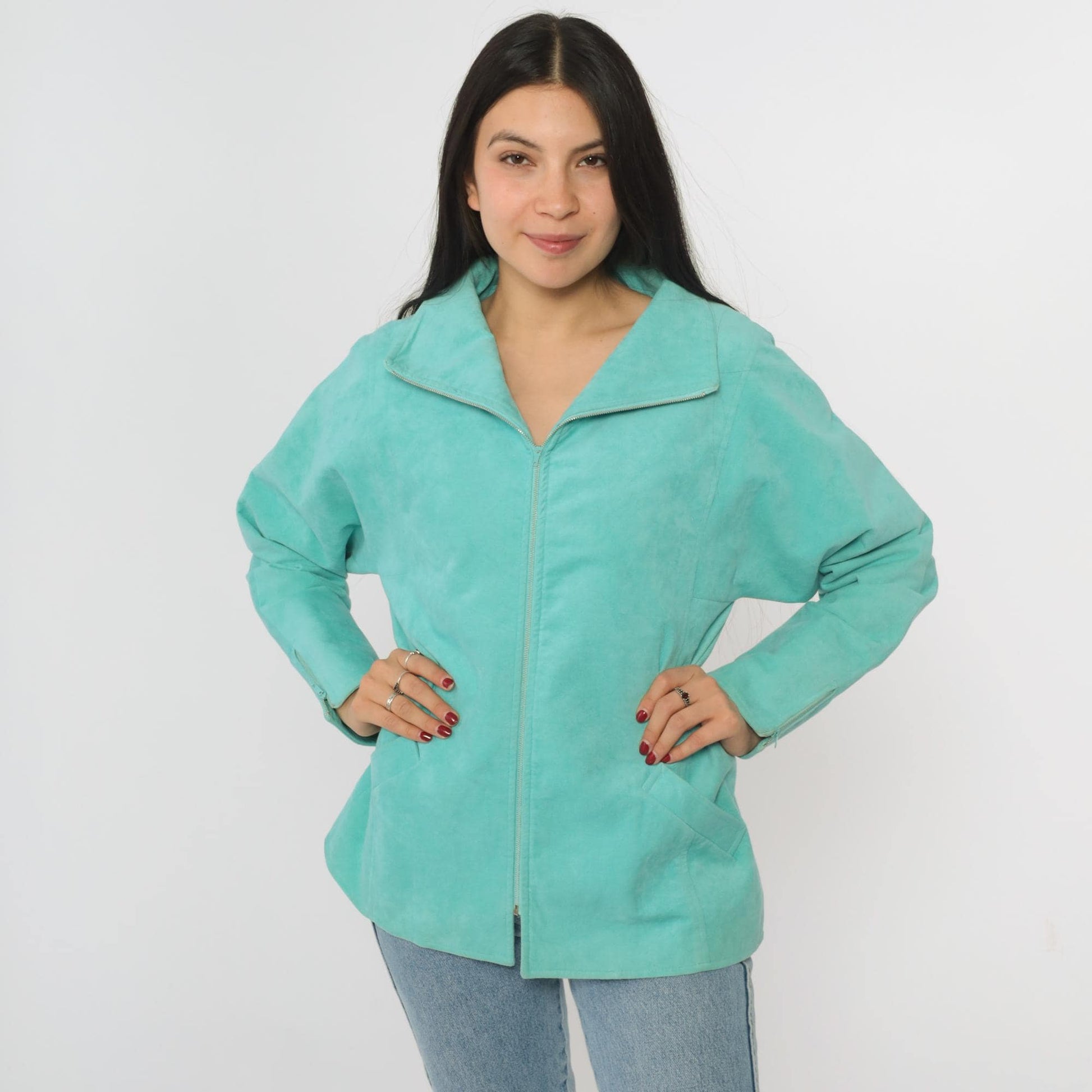 80s Bill Haire Aqua Faux Suede Zip Jacket Small