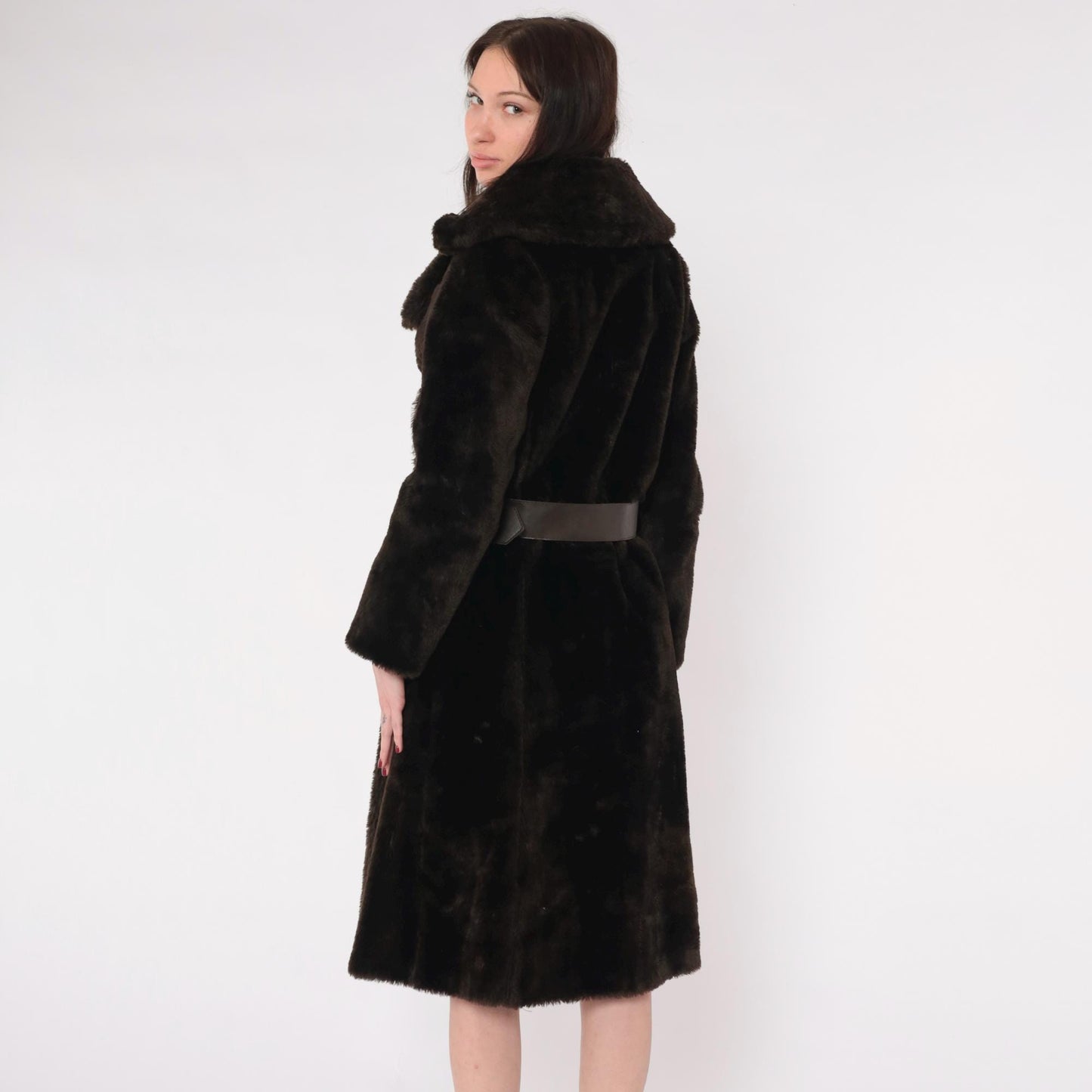 70s Brown Faux Fur Coat Double Breasted with Belt Small S
