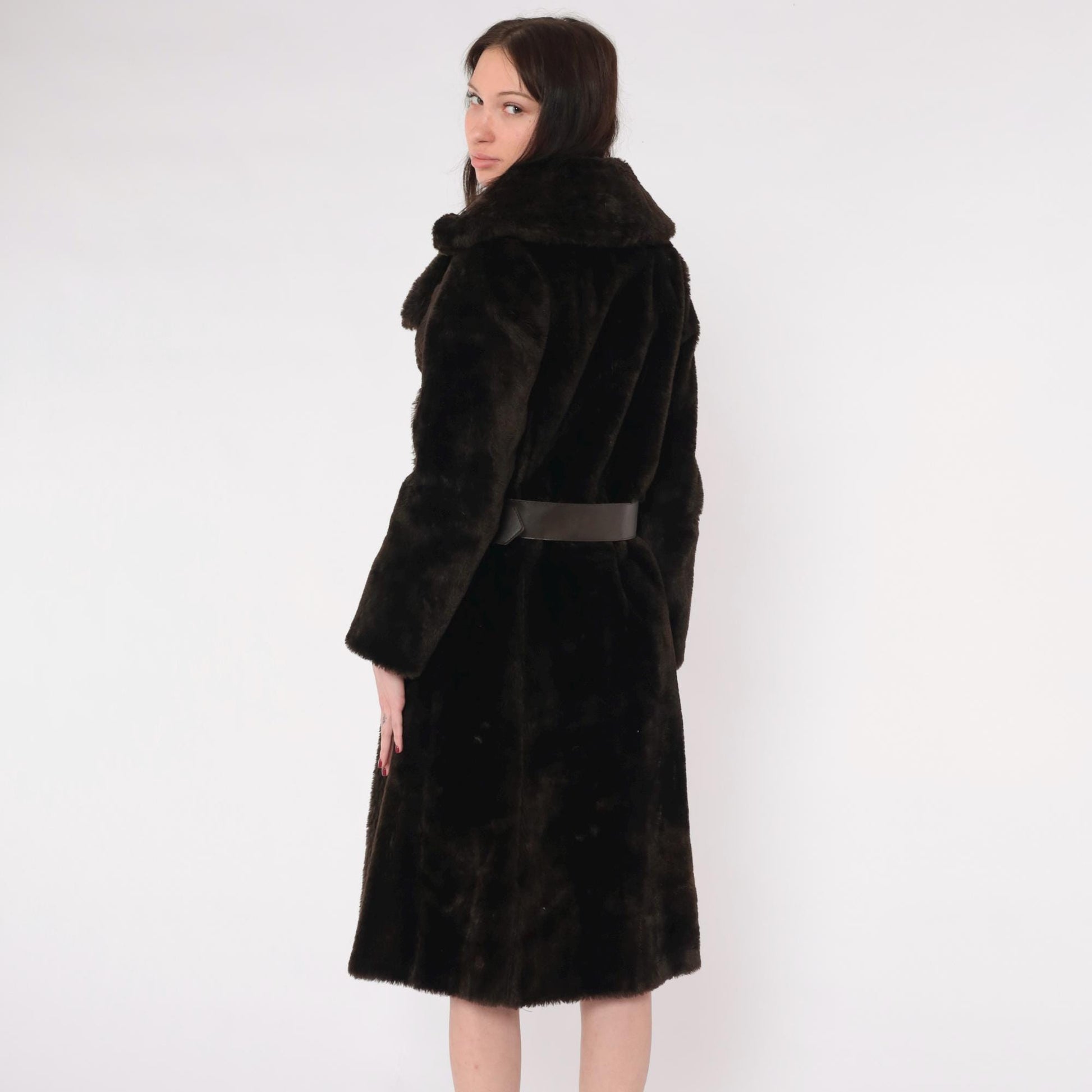 70s Brown Faux Fur Coat Double Breasted with Belt Small S