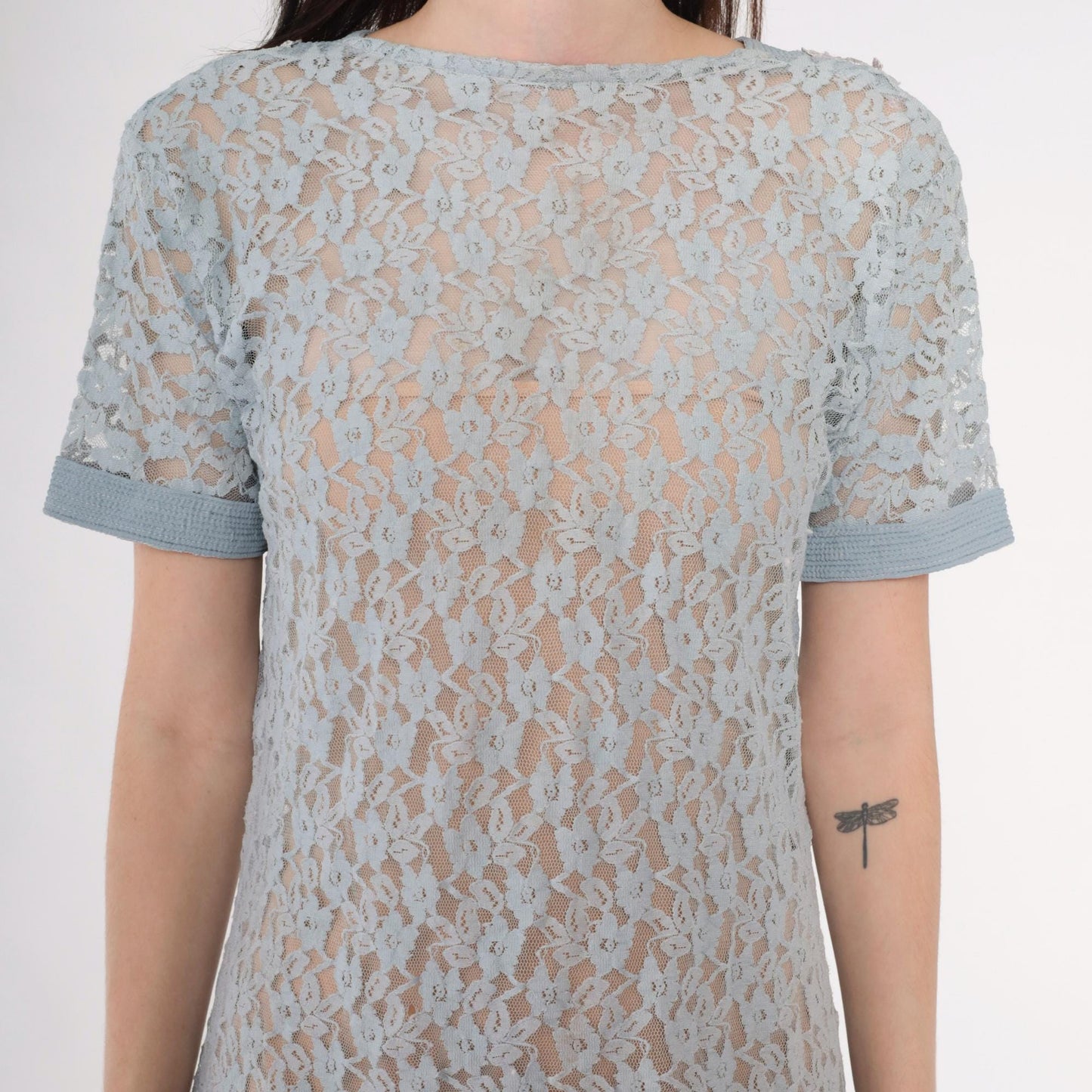 90s Blue Floral Lace Midi Dress Short Sleeve Shift Medium M