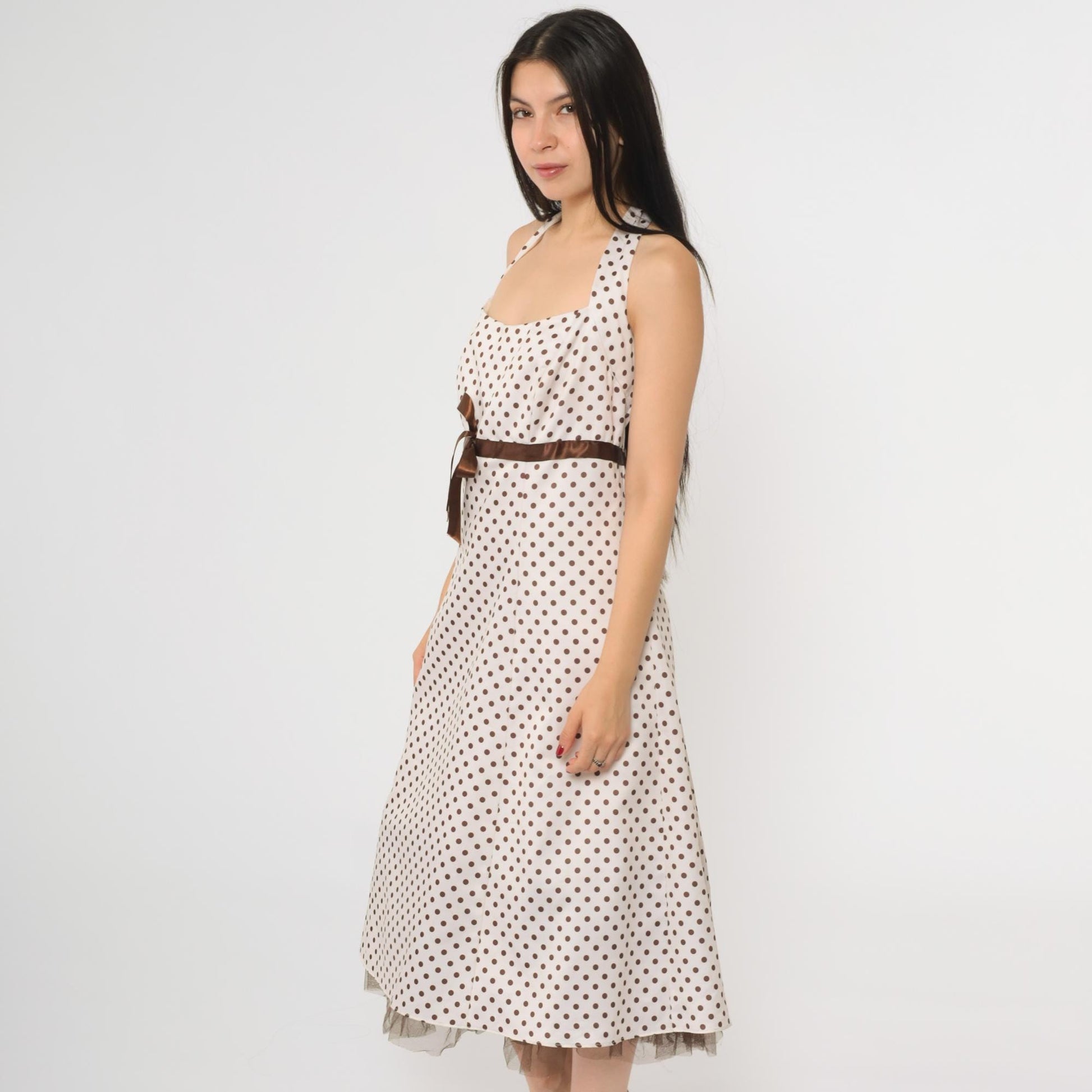Y2K White Polka Dot Halter Midi Dress Brown Ribbon Bow Empire Waist Large 14
