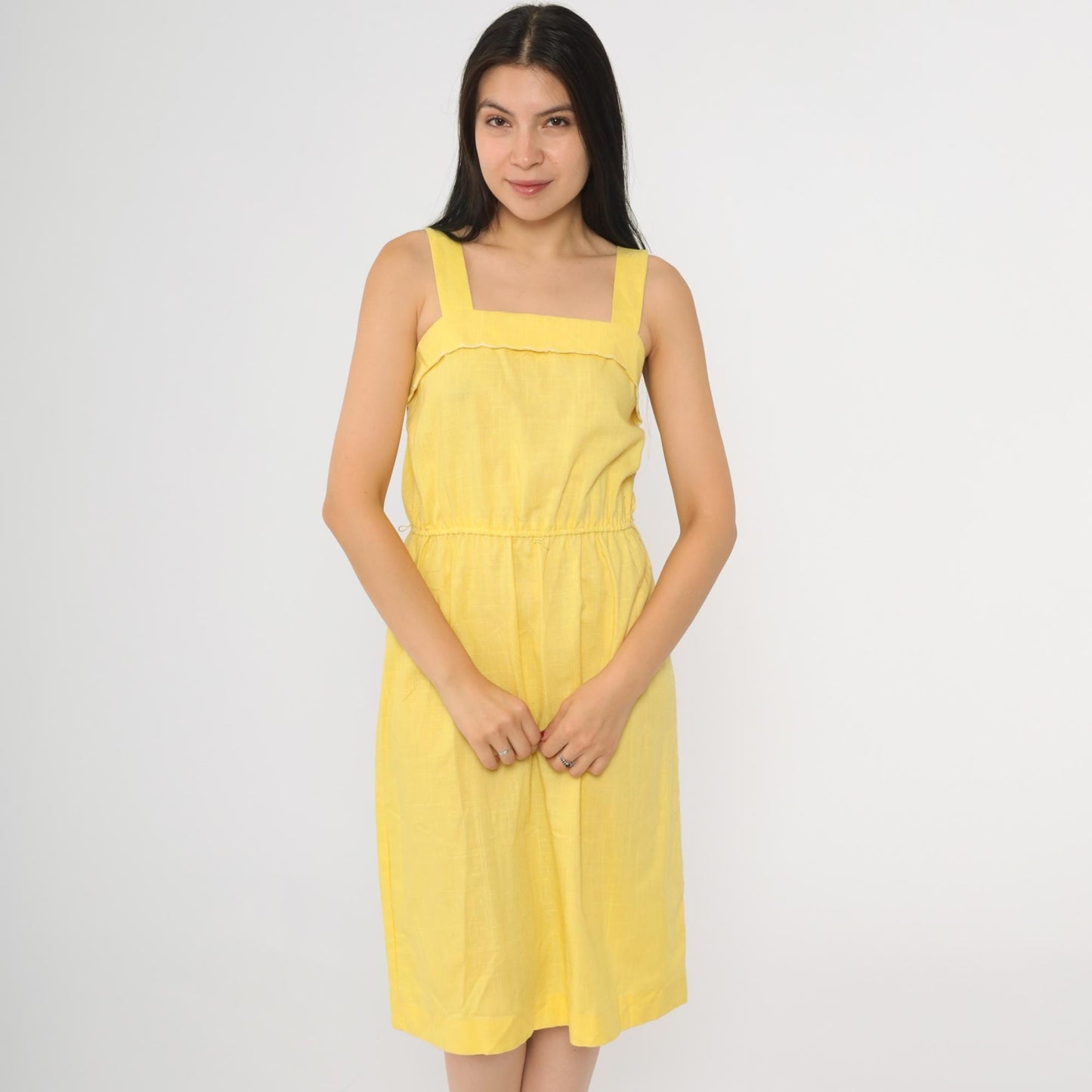 80s Yellow Sleeveless Midi Dress High Waist Square Neck Small S