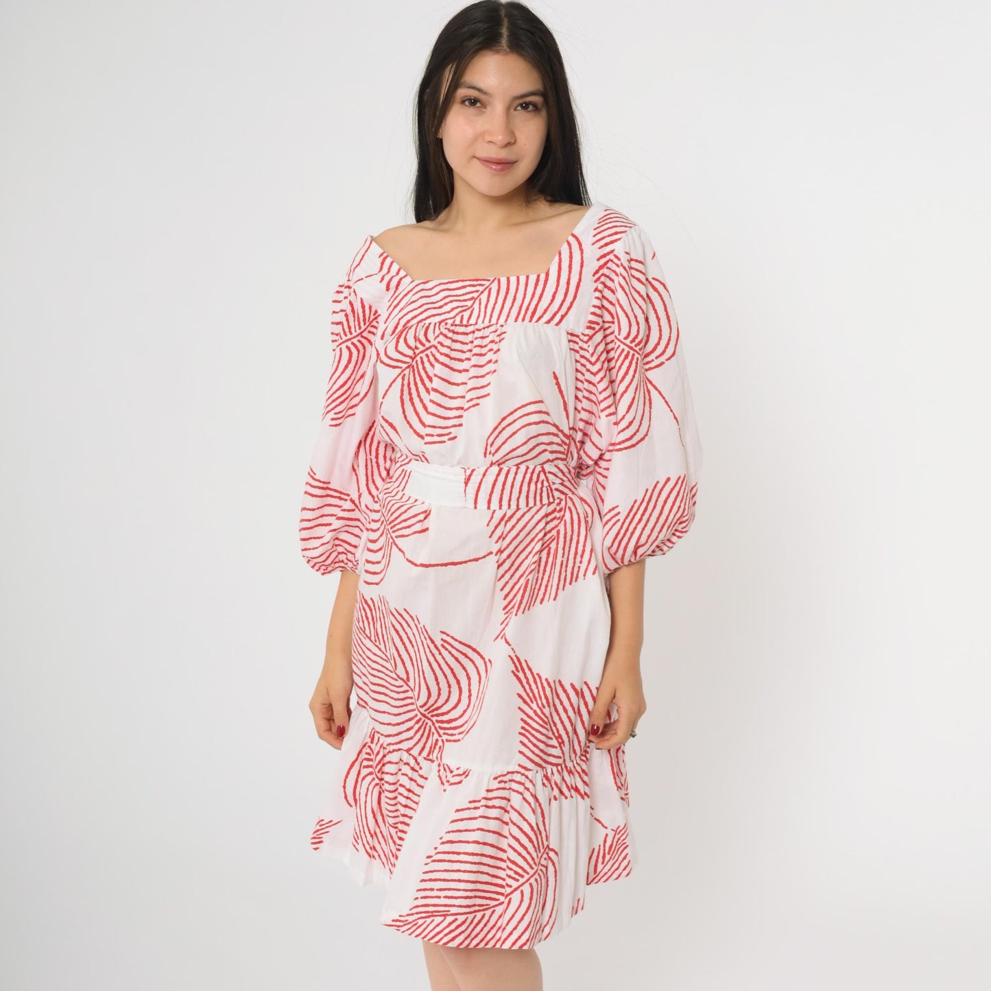 80s Periphery Loungewear Tropical Leaf Print Midi Dress Red White Large L