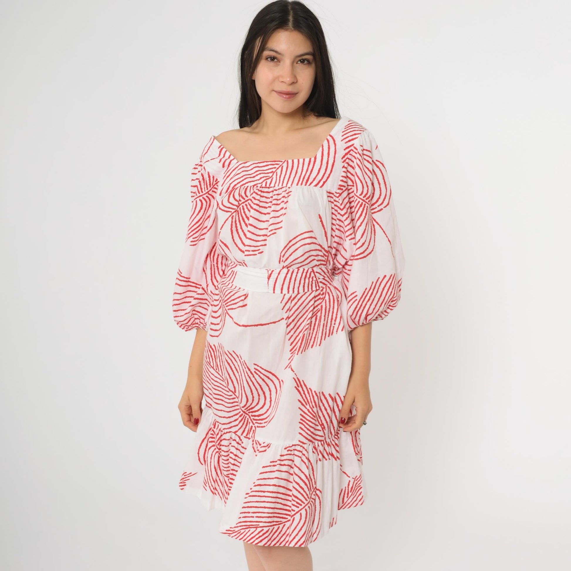 80s Periphery Loungewear Tropical Leaf Print Midi Dress Red White Large L