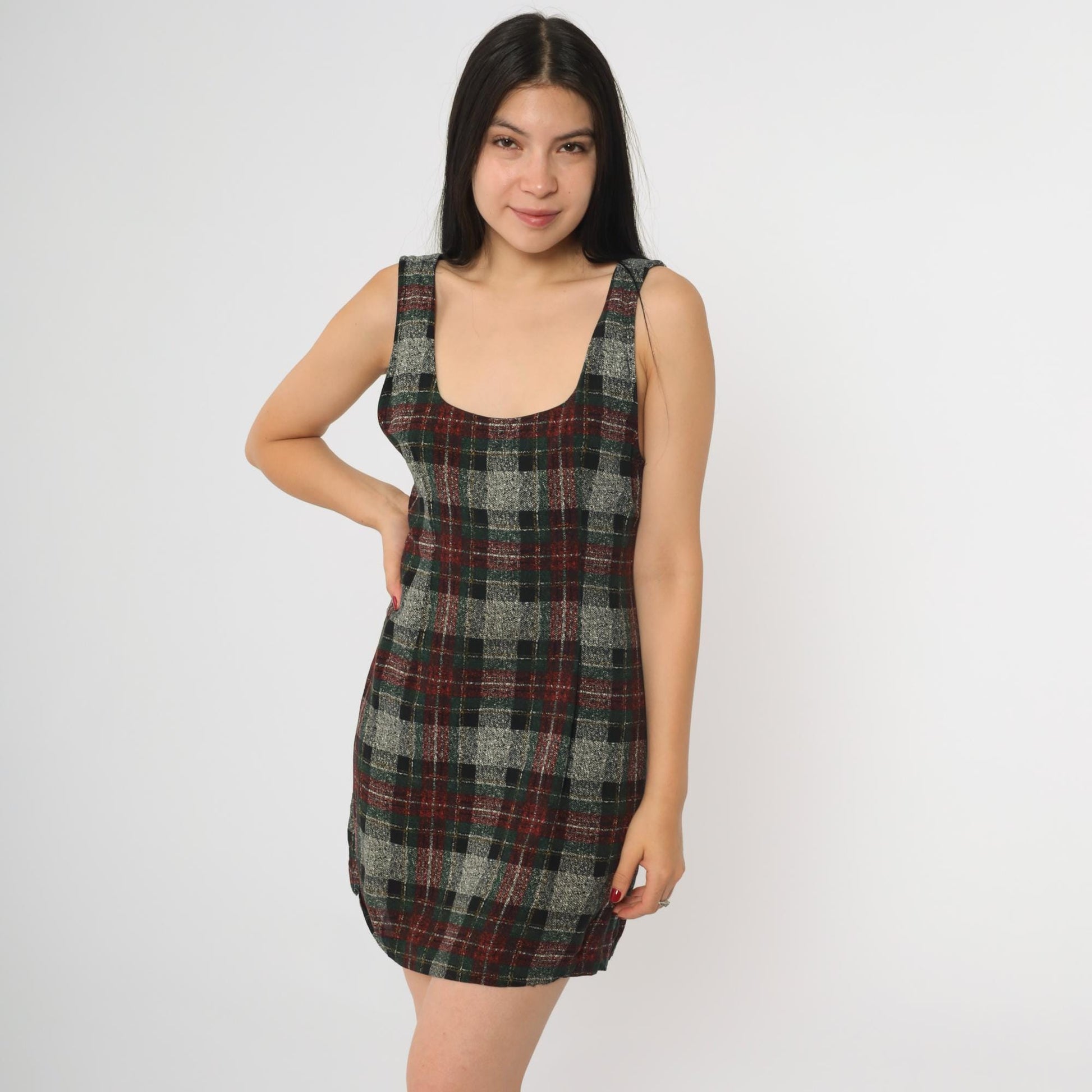 90s Plaid Sheath Dress Backless Grey Checkered Mini Sleeveless Small