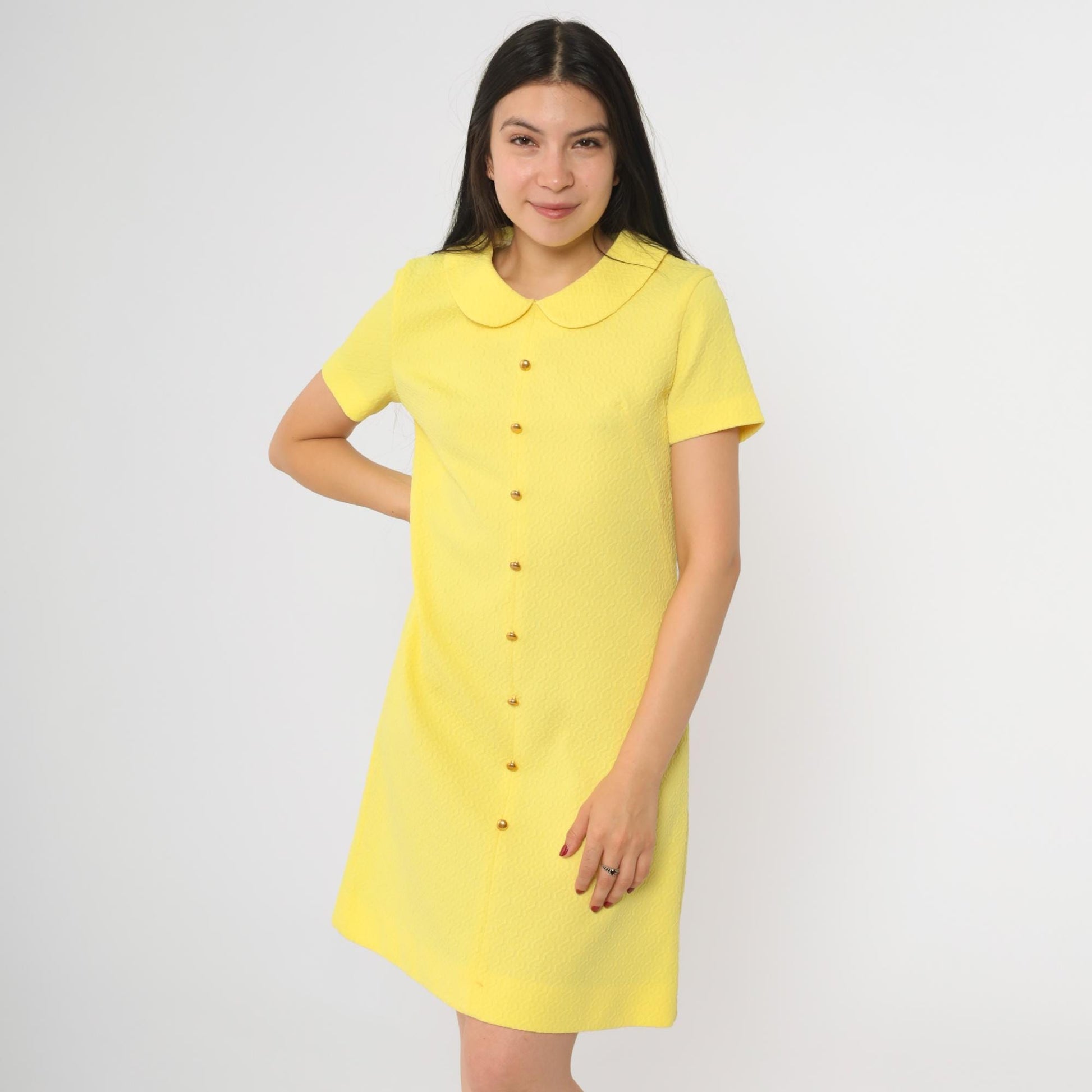 60s Yellow Shift Dress Peter Pan Collar Mini Length Short Sleeve Small