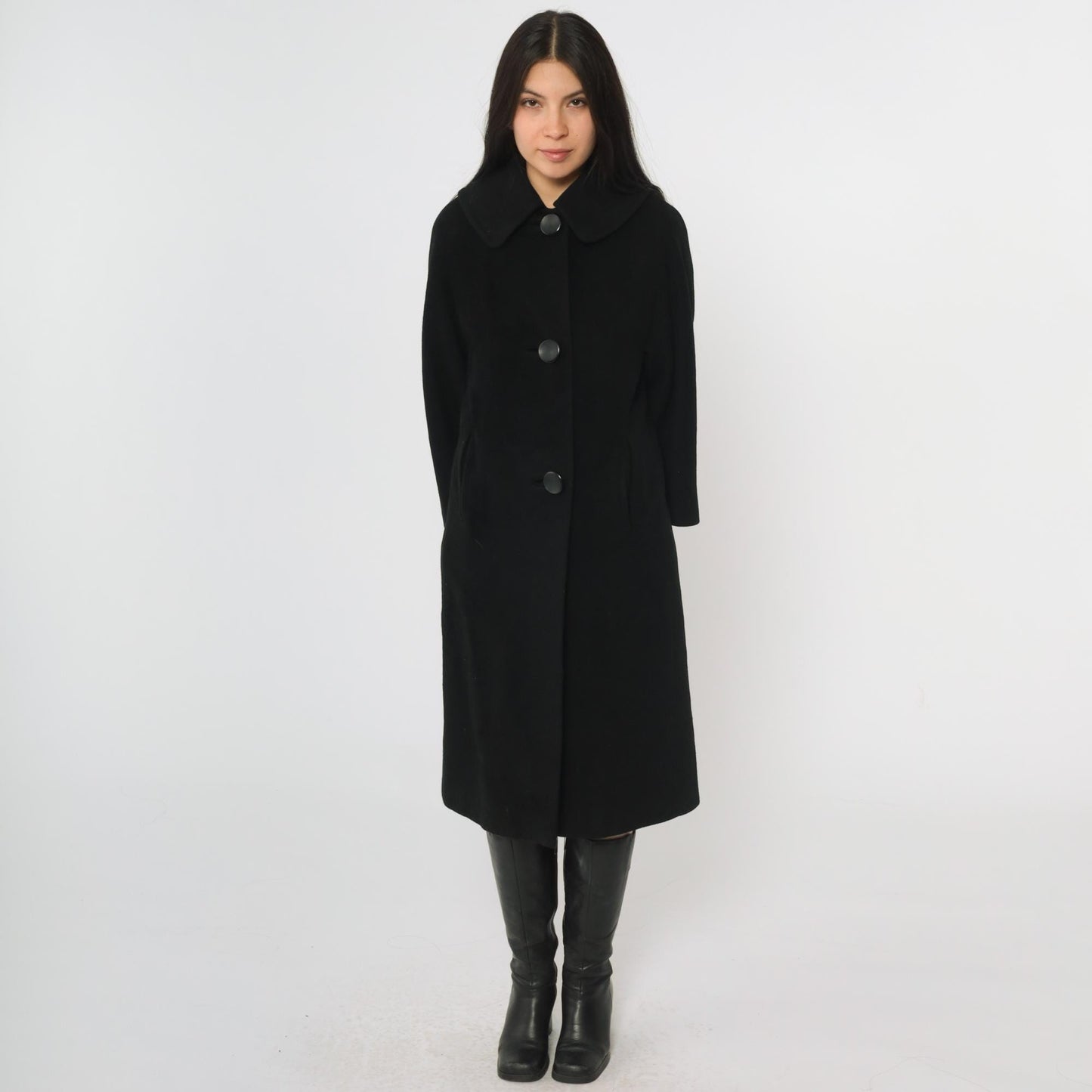 1950s Couture Americana Black Cashmere Swing Coat Midi Small Medium
