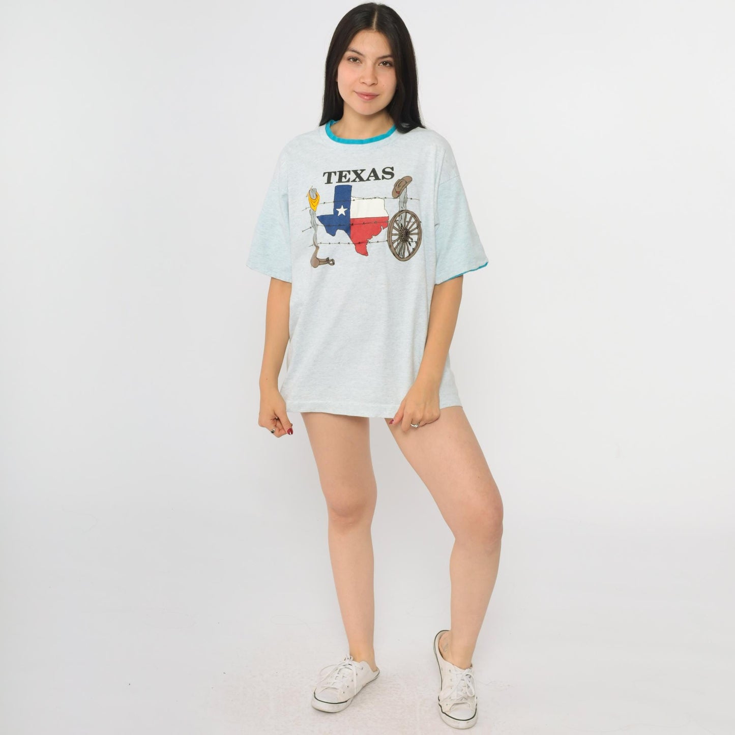 90s Texas Map Flag Graphic T-Shirt Ringer Tee Turquoise Cuffs Grey Medium