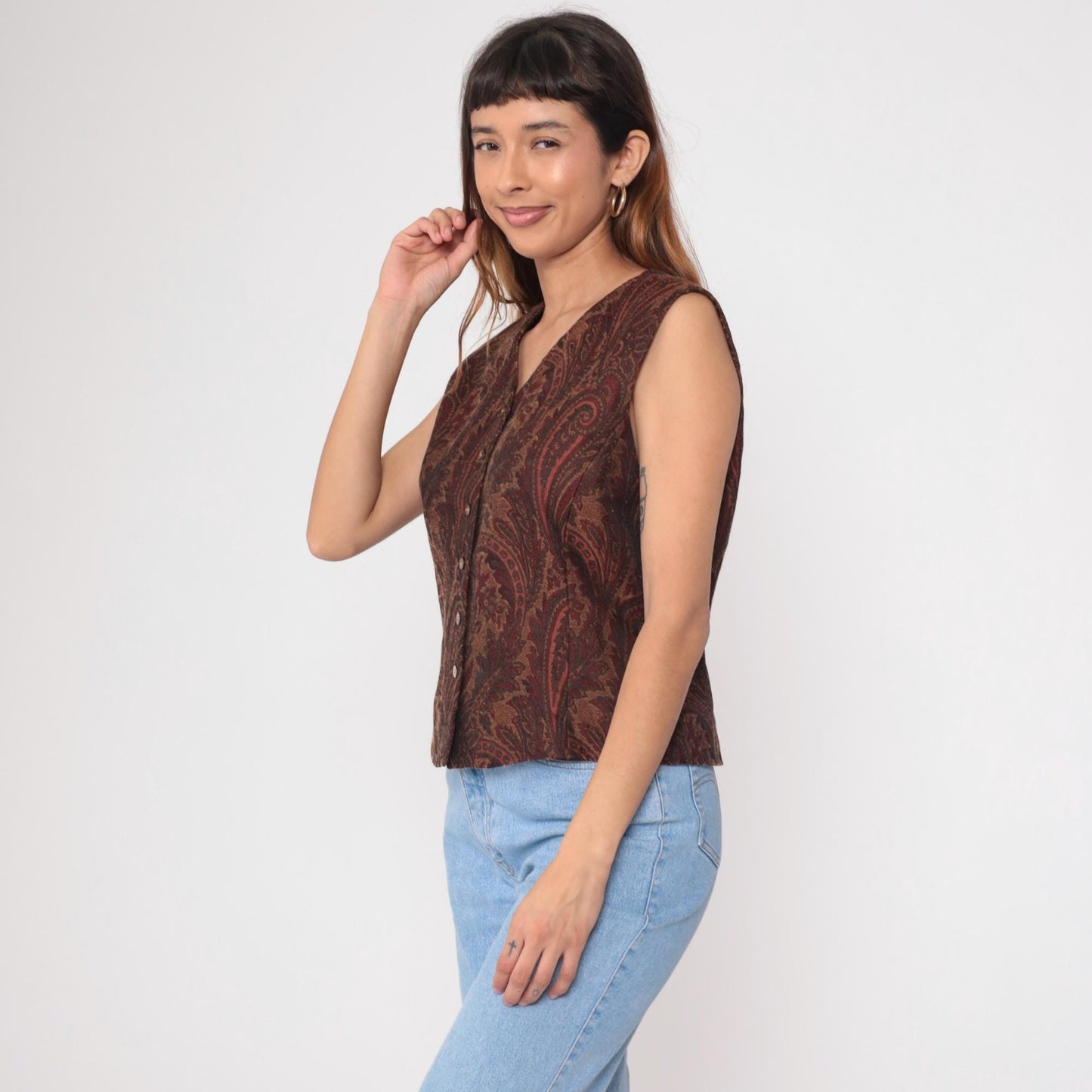 90s Liz Claiborne Paisley Jacquard Vest Button-Up V-Neck Burnt Orange Large