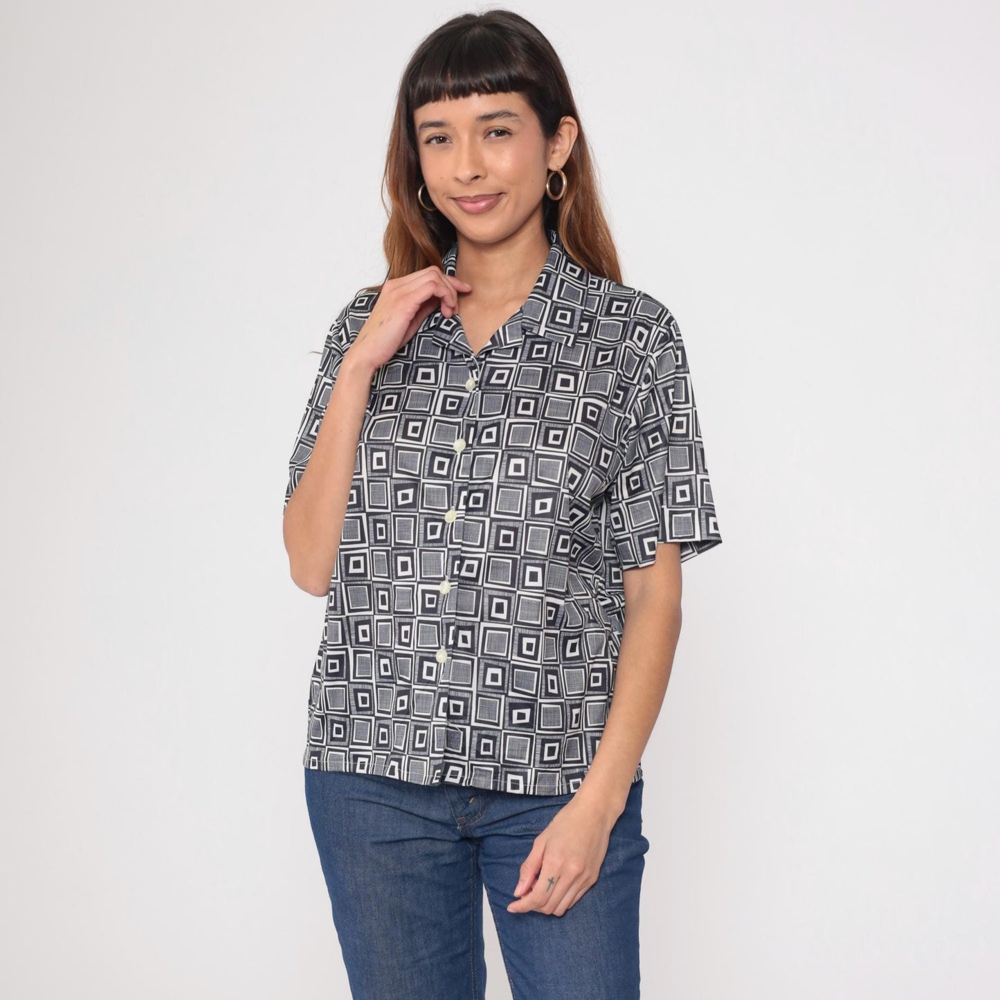 Y2K Geometric Op Art Button-Up Blouse Black White Square Print Large
