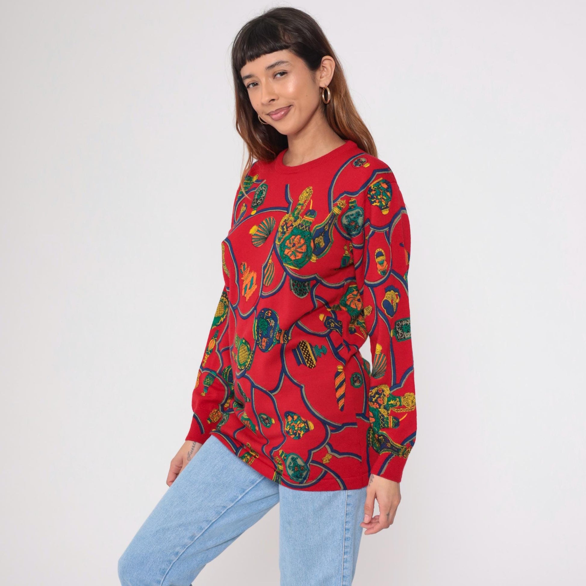 Y2K Red Wool Sweater Perfume Bottle Graphic Crewneck Medium M