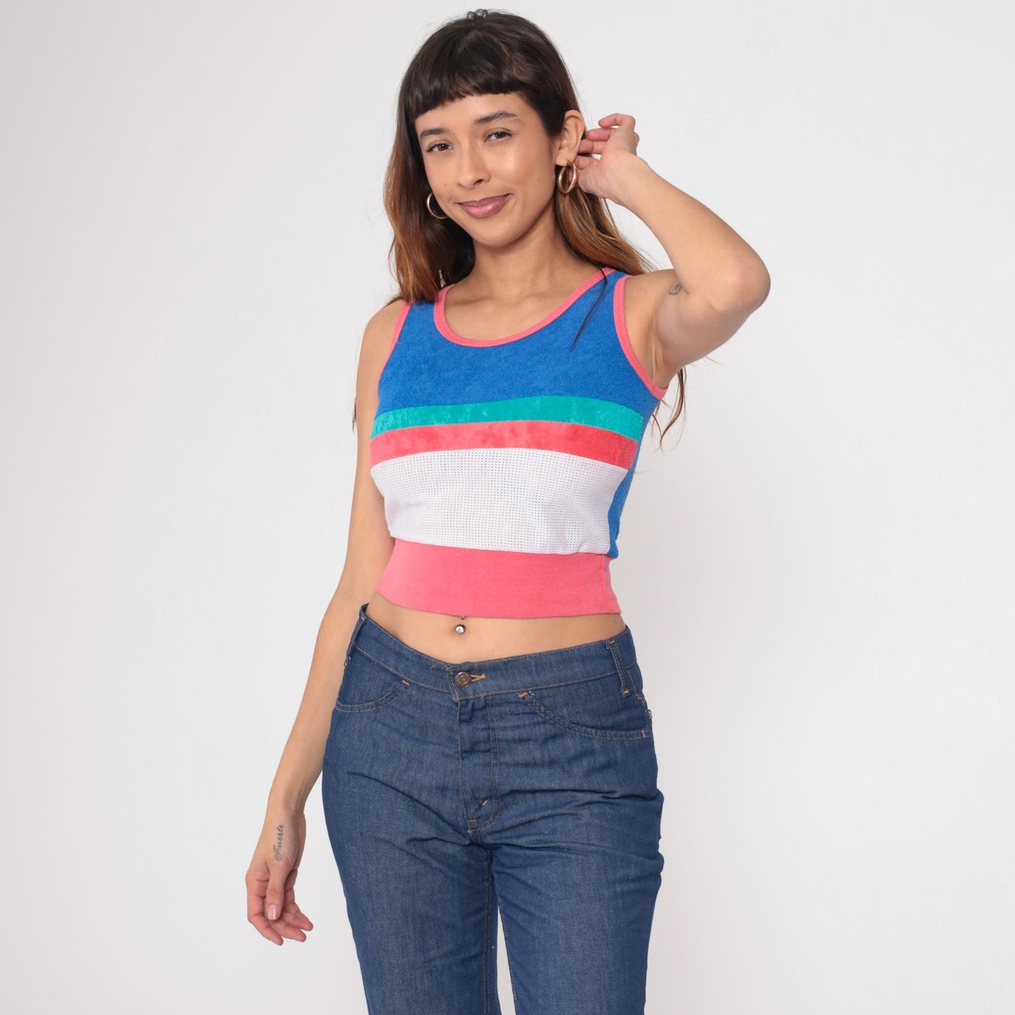 80s Terrycloth Tank Top Striped Blue Coral Mesh Ringer Crop Extra Small