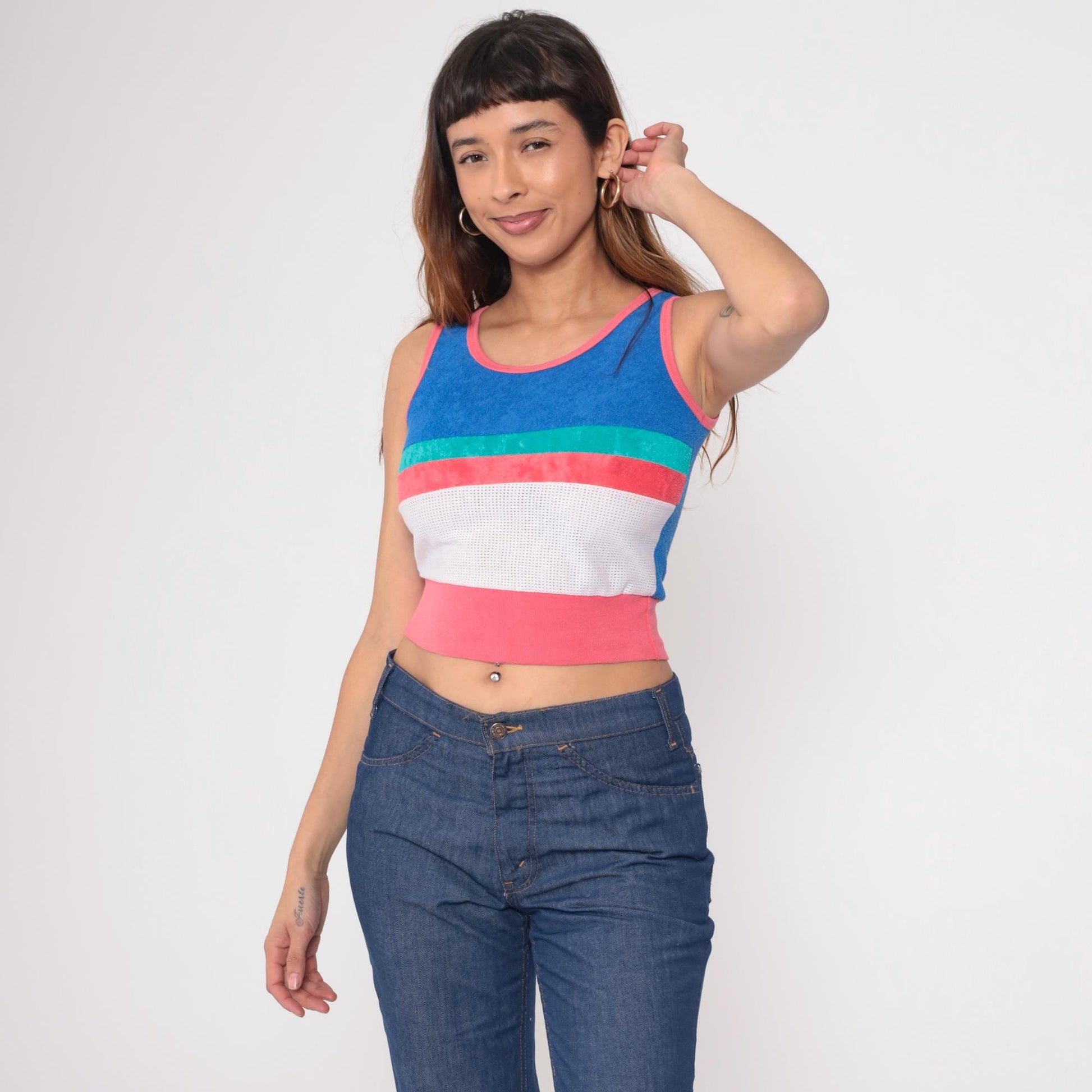 80s Terrycloth Tank Top Striped Blue Coral Mesh Ringer Crop Extra Small
