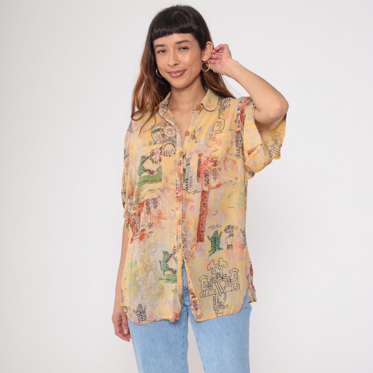 90s Aztec Print Button Down Shirt Yellow Abstract Figures Medium