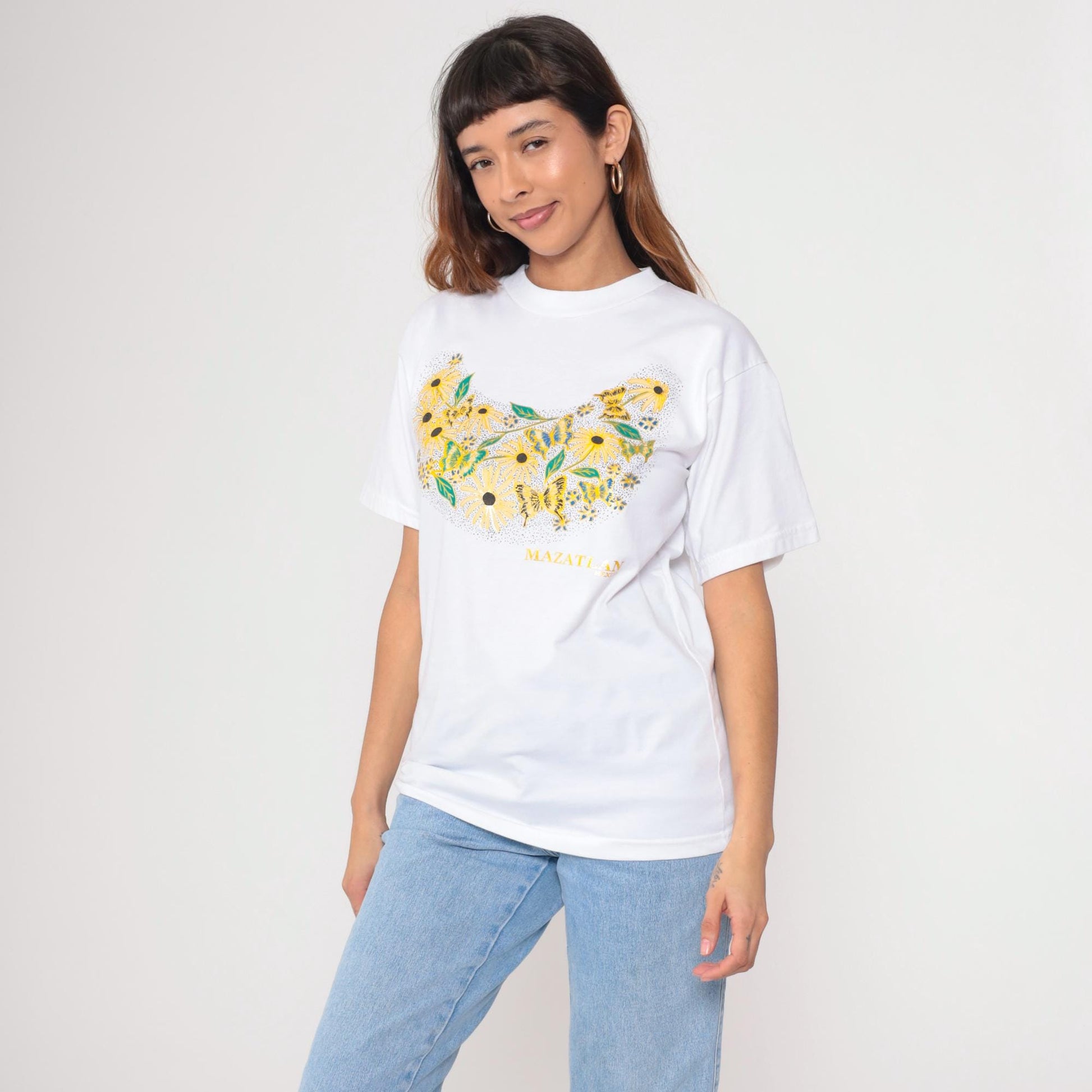 90s Mazatlan Mexico Graphic T-Shirt Metallic Floral Butterfly White Small