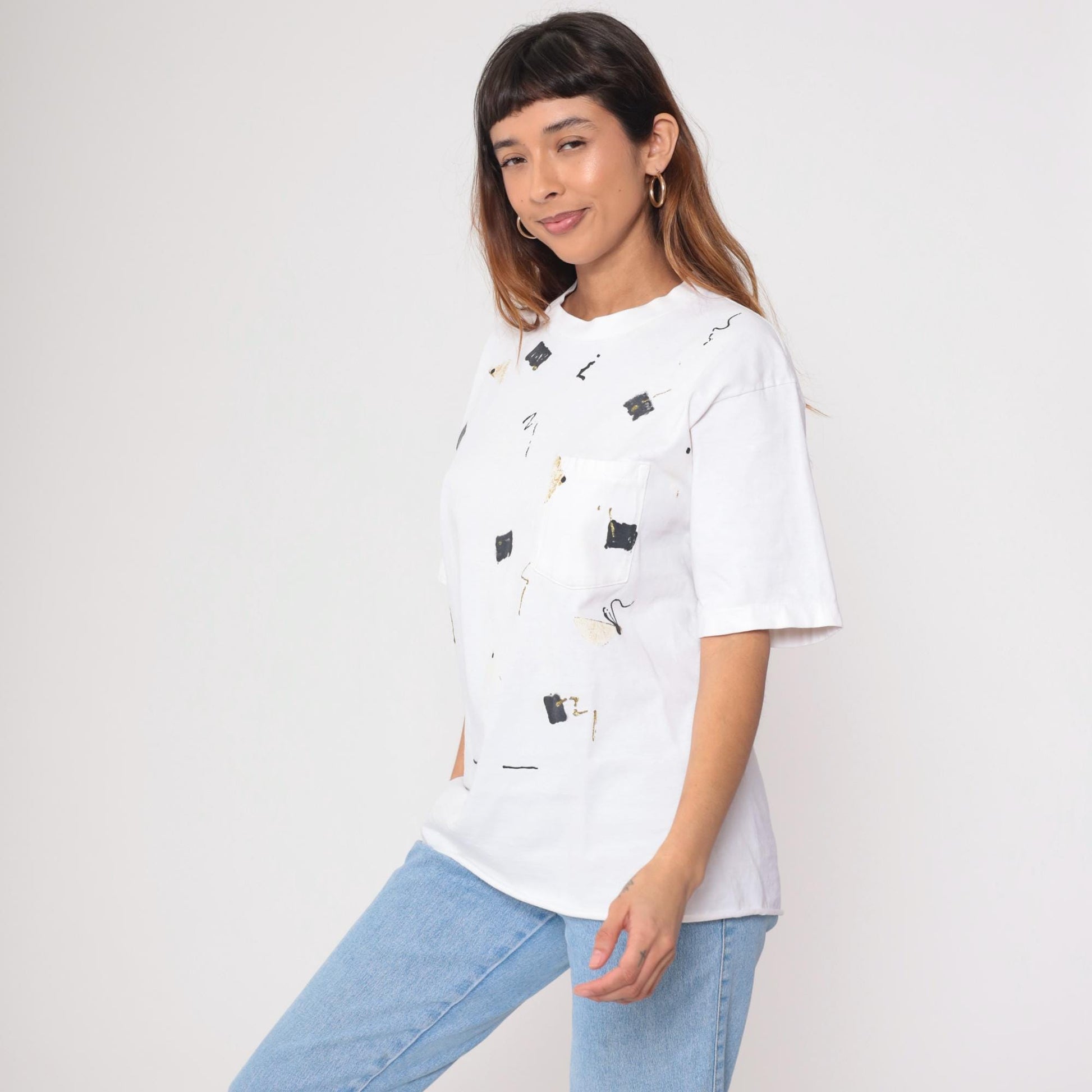 90s Abstract Geometric Glitter T-Shirt White Gold Black Graphic Tee Medium