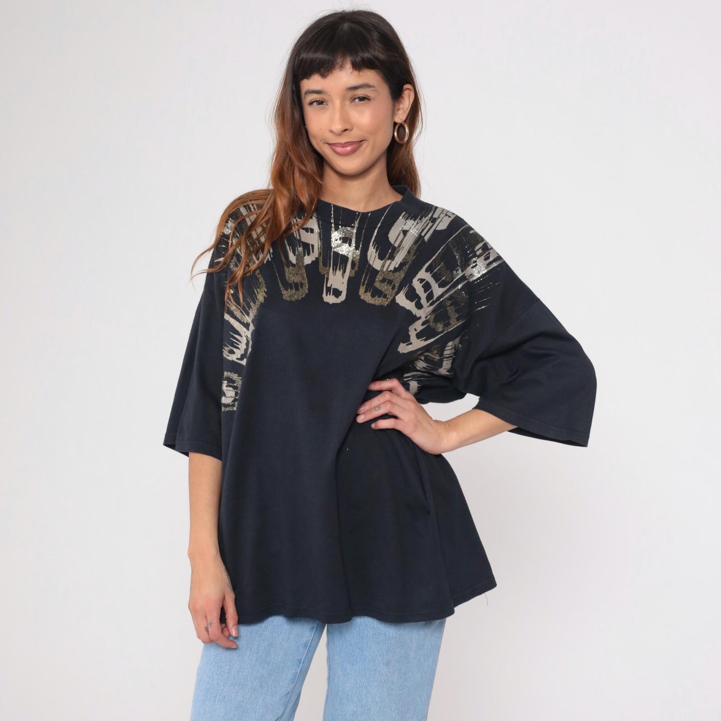 90s Metallic Paint Splatter Graphic Tee Black Abstract One Size