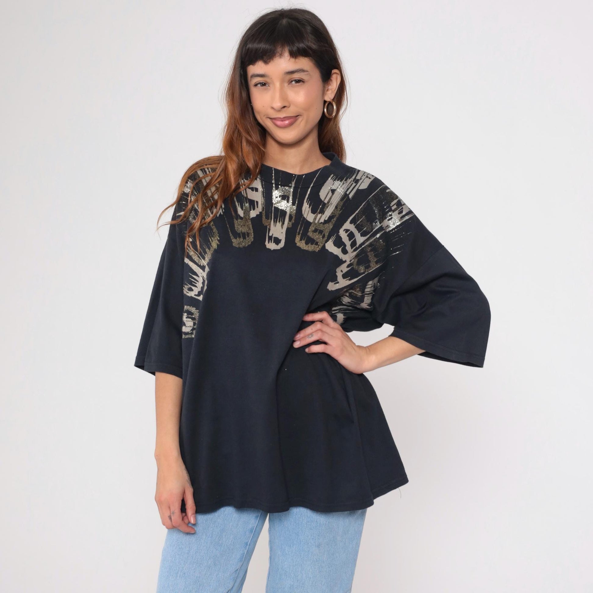 90s Metallic Paint Splatter Graphic Tee Black Abstract One Size