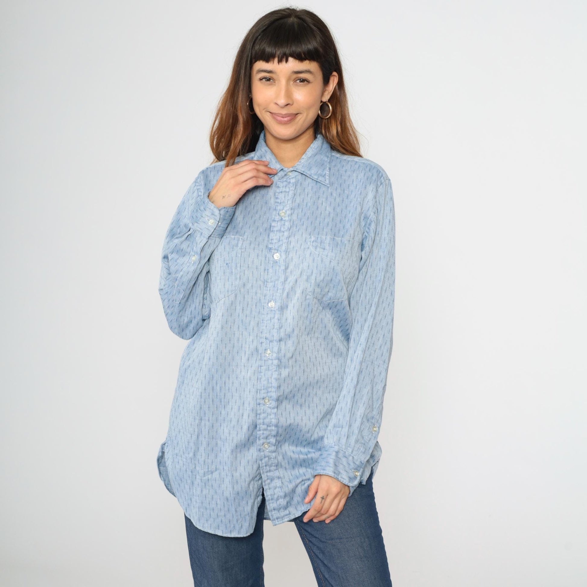 70s Light Blue Dash Stripe Button Down Shirt Cotton Blend Men's Large L