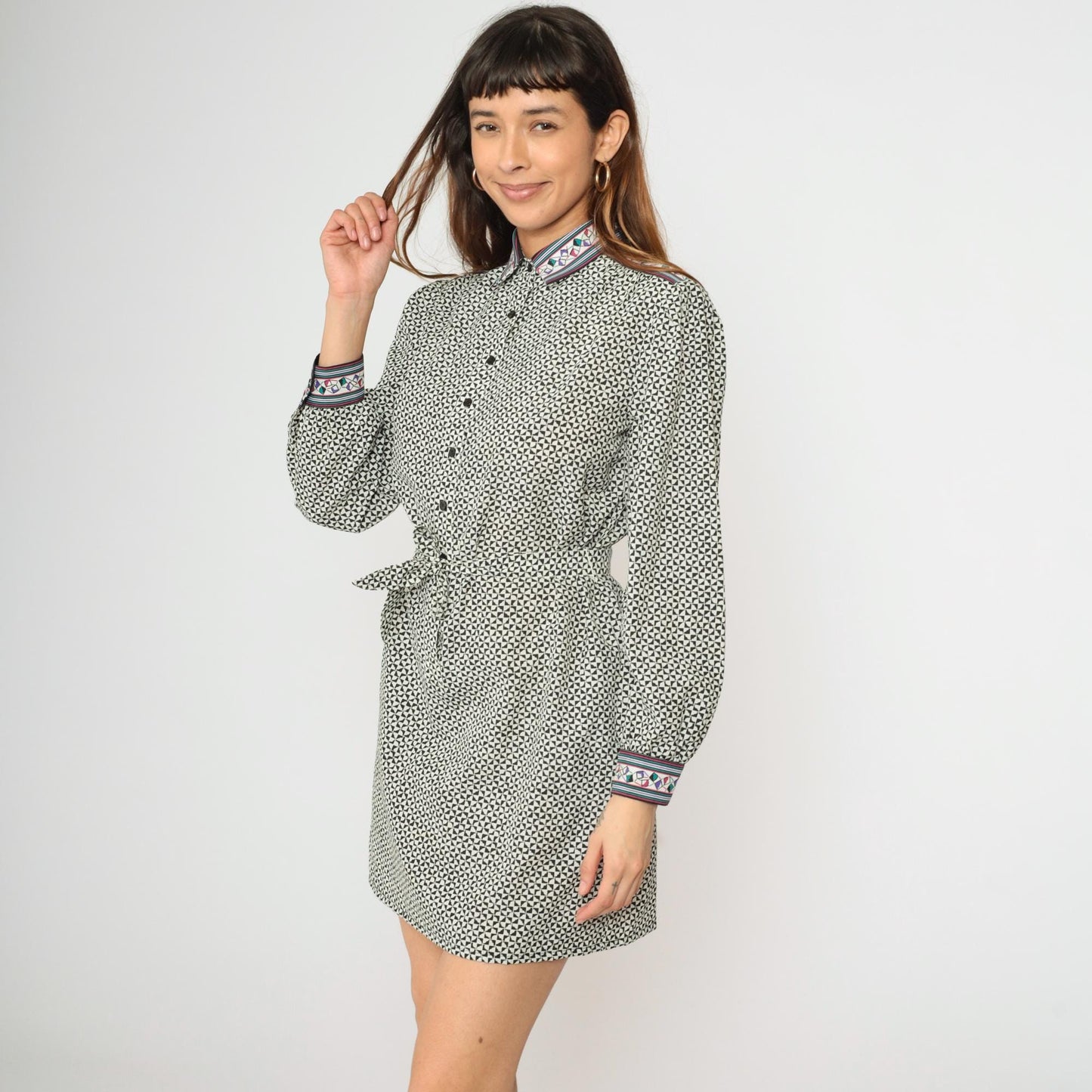 80s Geometric Triangle Tessellation Shirt Dress Black White Mini Medium