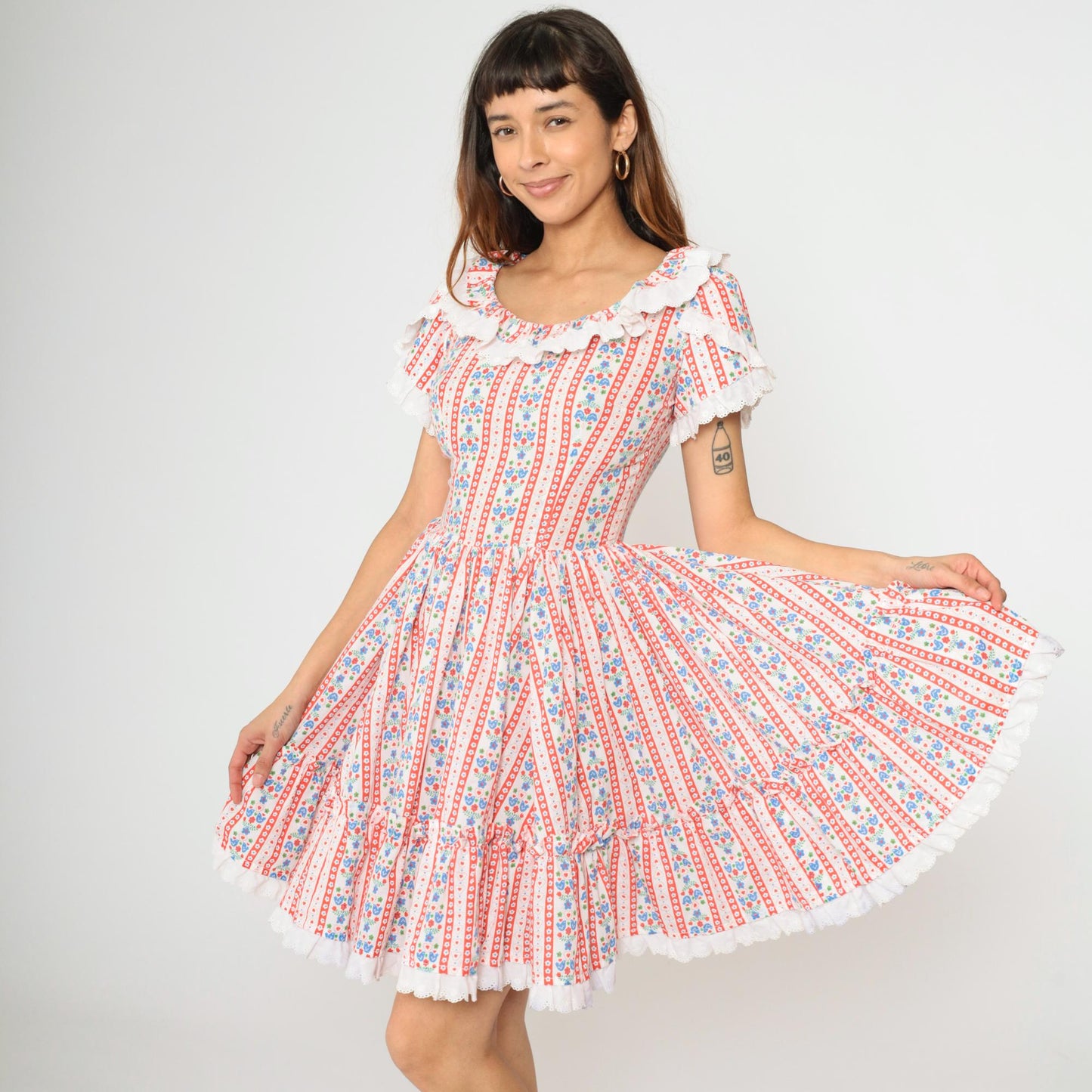 70s Floral Bird Print Prairie Dress White Mini Tiered Lace Small