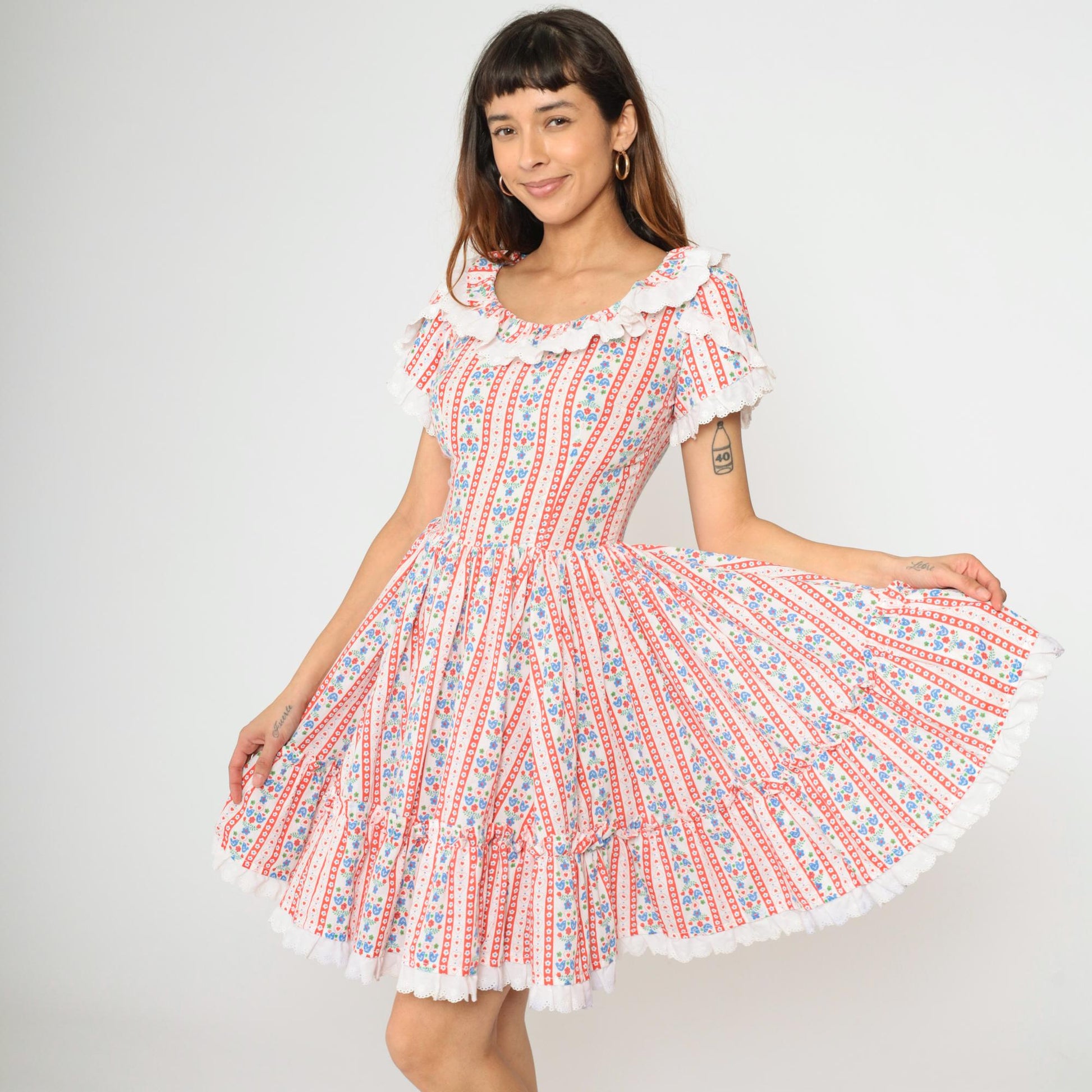 70s Floral Bird Print Prairie Dress White Mini Tiered Lace Small
