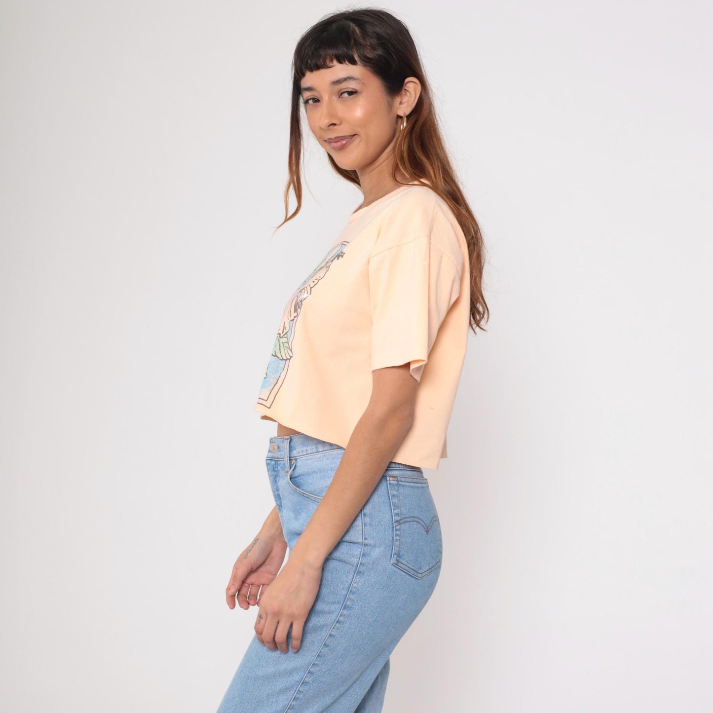 90s Anvil Tropical Floral Crop Tee Peach Hibiscus Raw Hem Medium