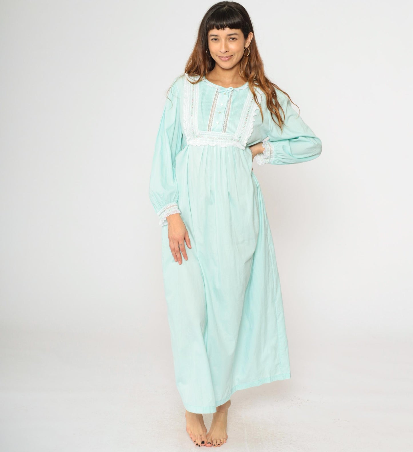 70s Barbizon Mint Blue Featherlite Maxi Nightgown Empire Waist Lace Medium