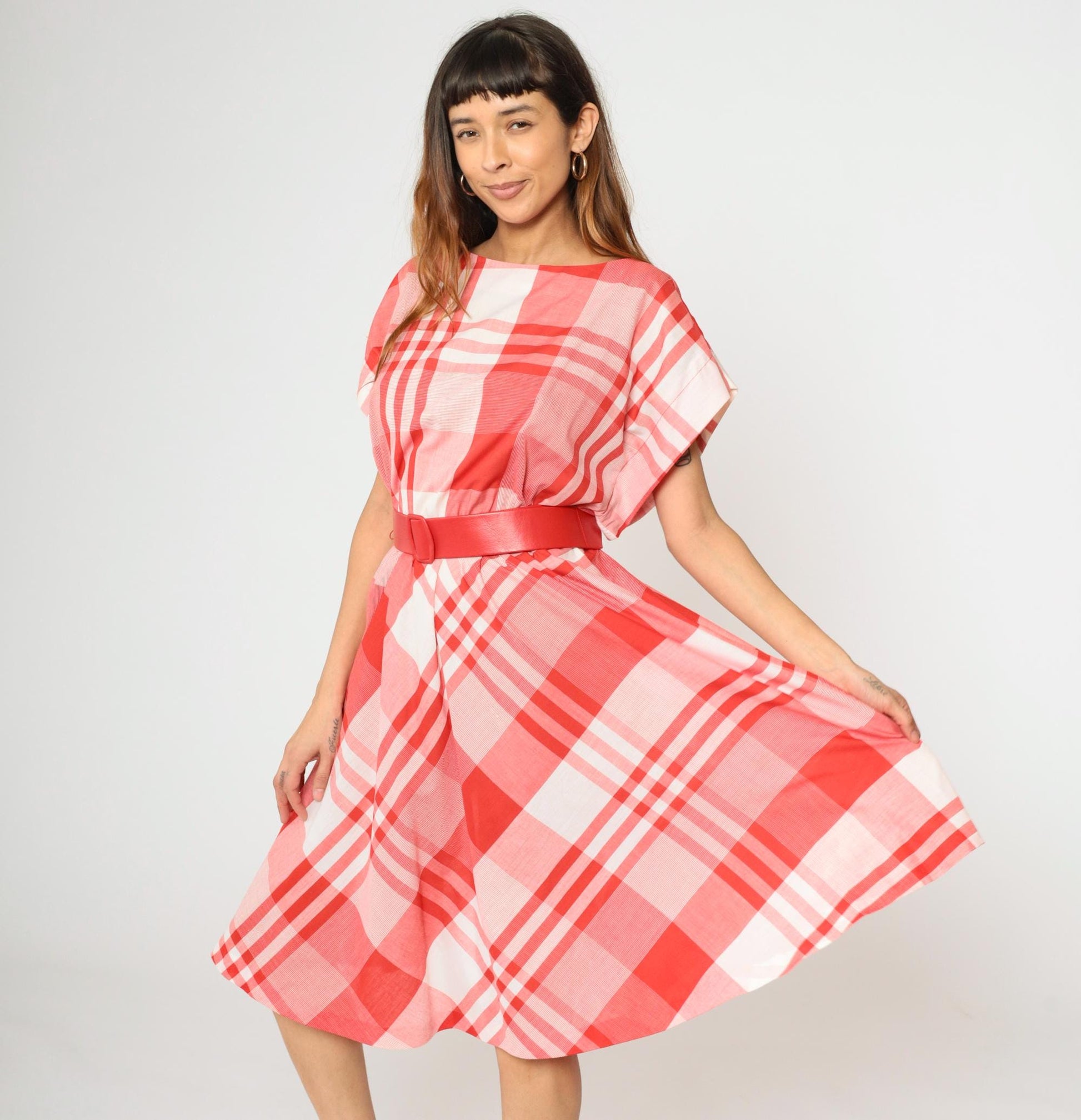 80s Red Plaid Midi Dress High Waisted Belted Cap Sleeve Medium M