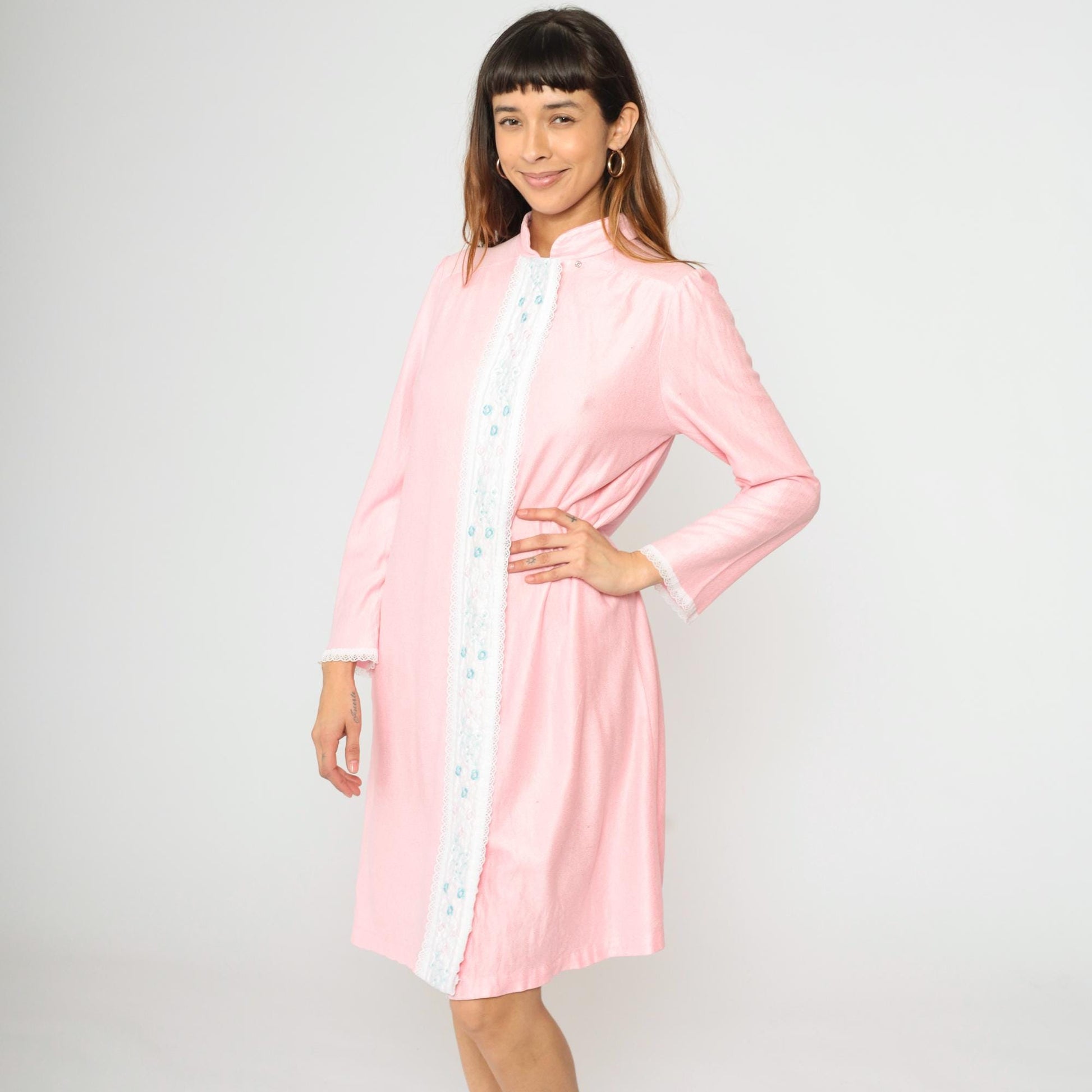 80s Baby Pink Floral Embroidered Nightgown Midi Lace Puff Sleeve Medium M
