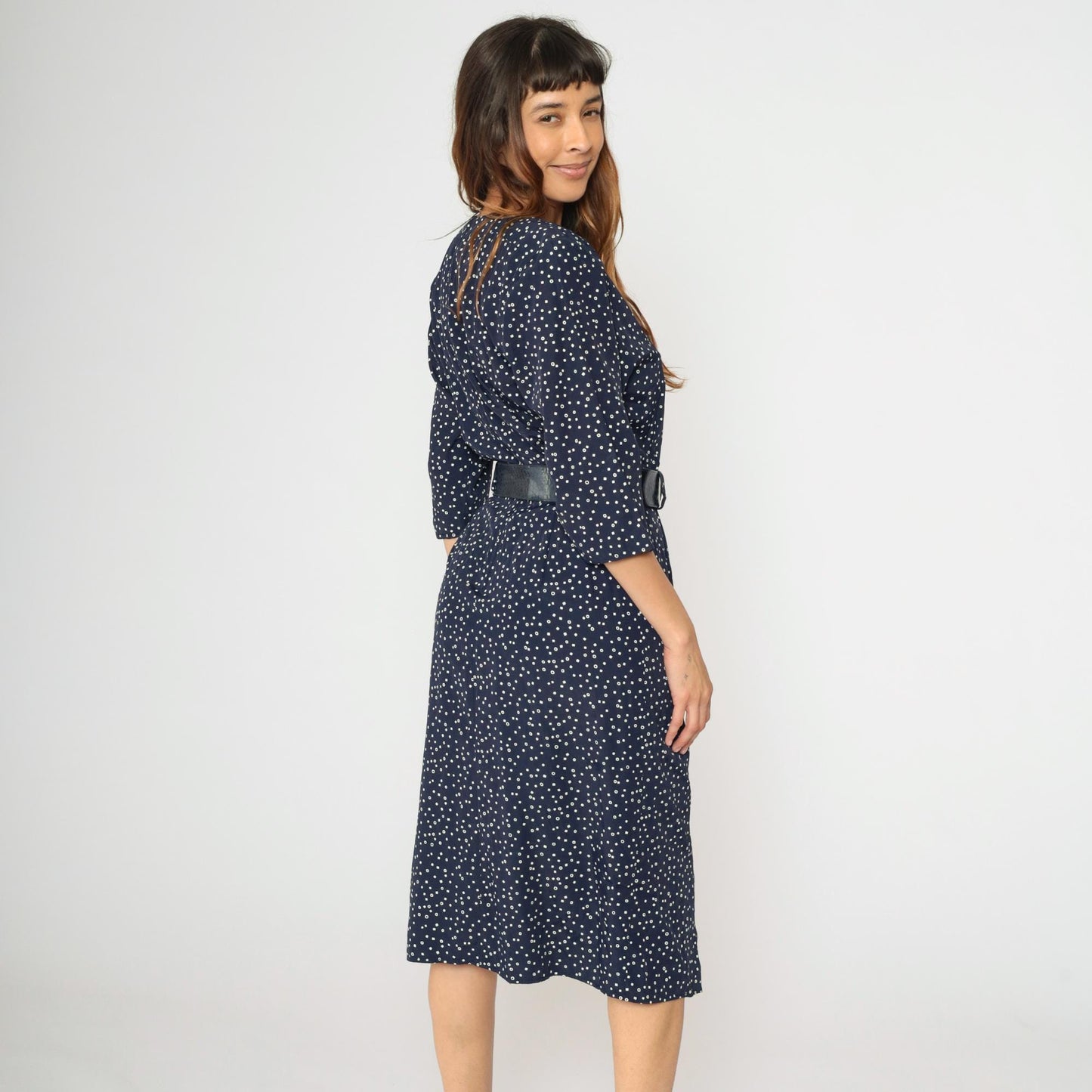 80s Navy Polka Dot Midi Dress Pleated Bodice High Waist Belted Small S